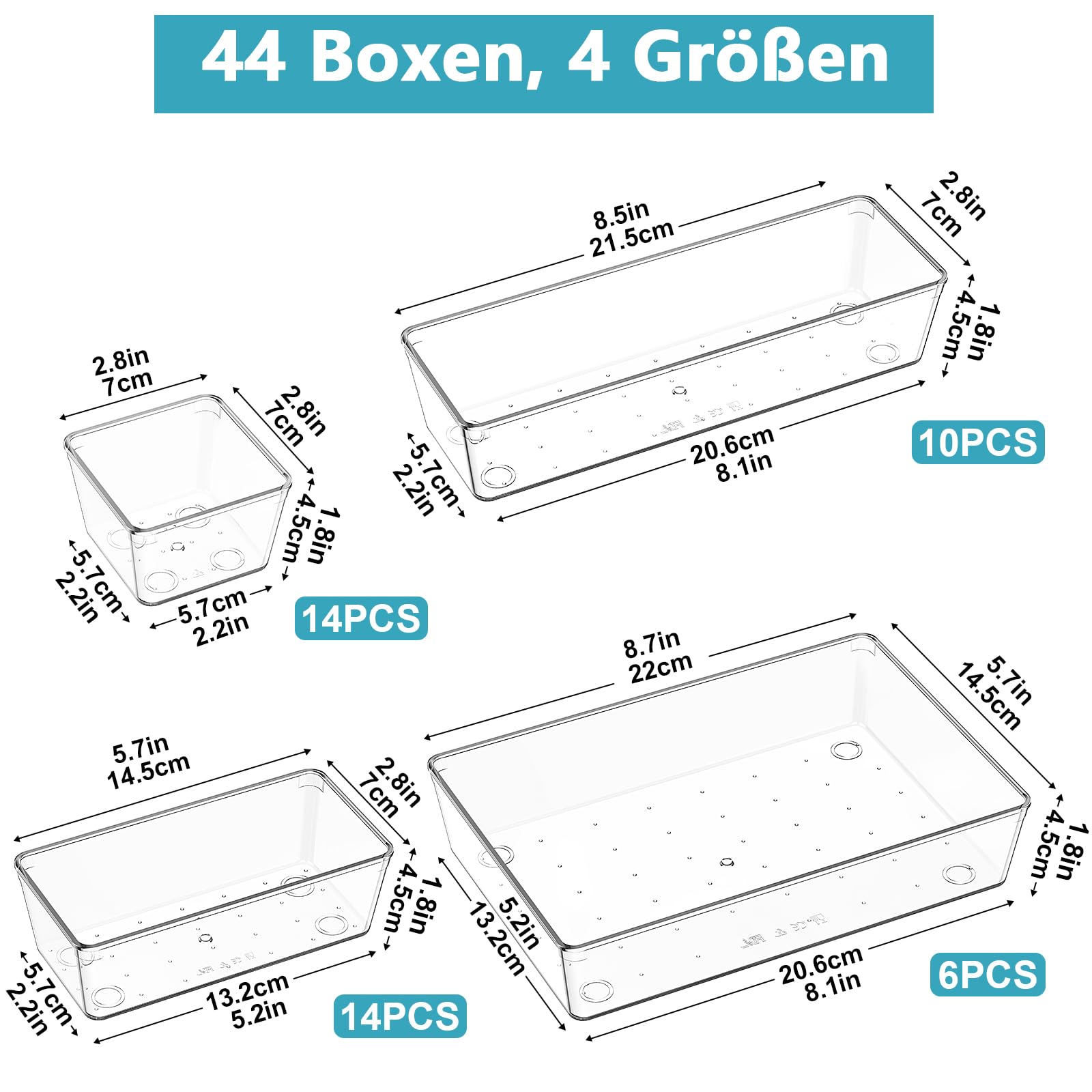 Radikor Organizer Cassetti 44 Pezzi, Organizer Trucchi Cassetti in Plastica Trasparente, 4 Dimensioni, Contenitori Cassetti per Bagno, Cucina, Trucchi, Scrivania