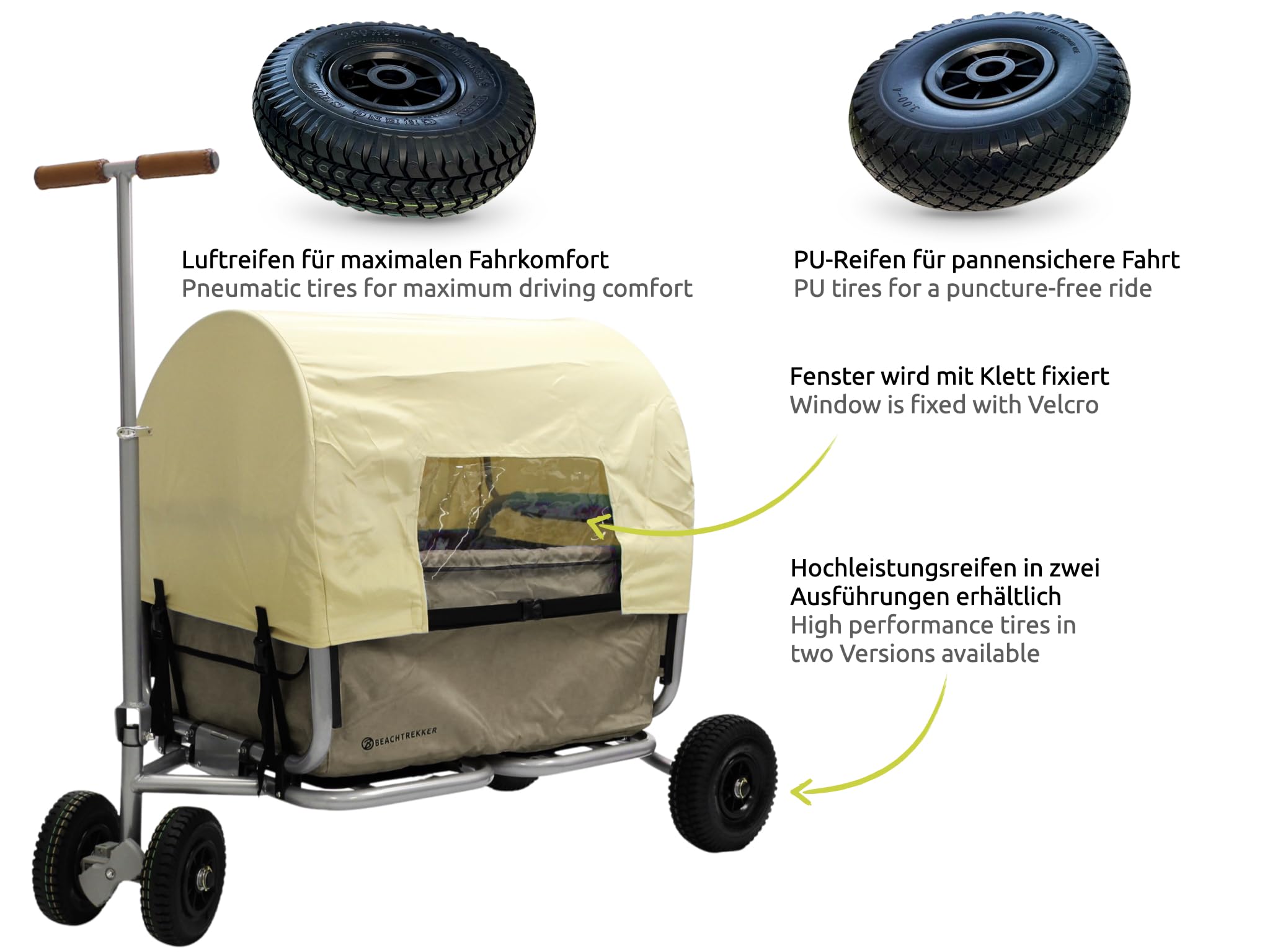 Beachtrekker Life Faltbarer Bollerwagen, klappbarer Handwagen + Feststellbremse + Sonnenverdeck (Luftreifen, Beige)