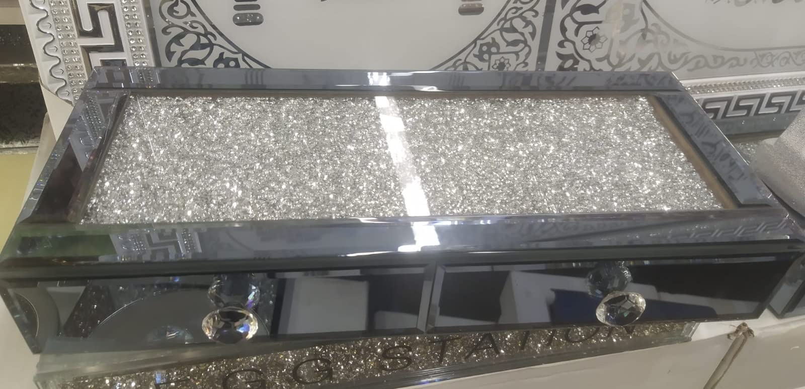 Biznest Crushed Diamond 2 Drawer Crystal Black Mirrored Jewellery Box Organiser 40X20Cm