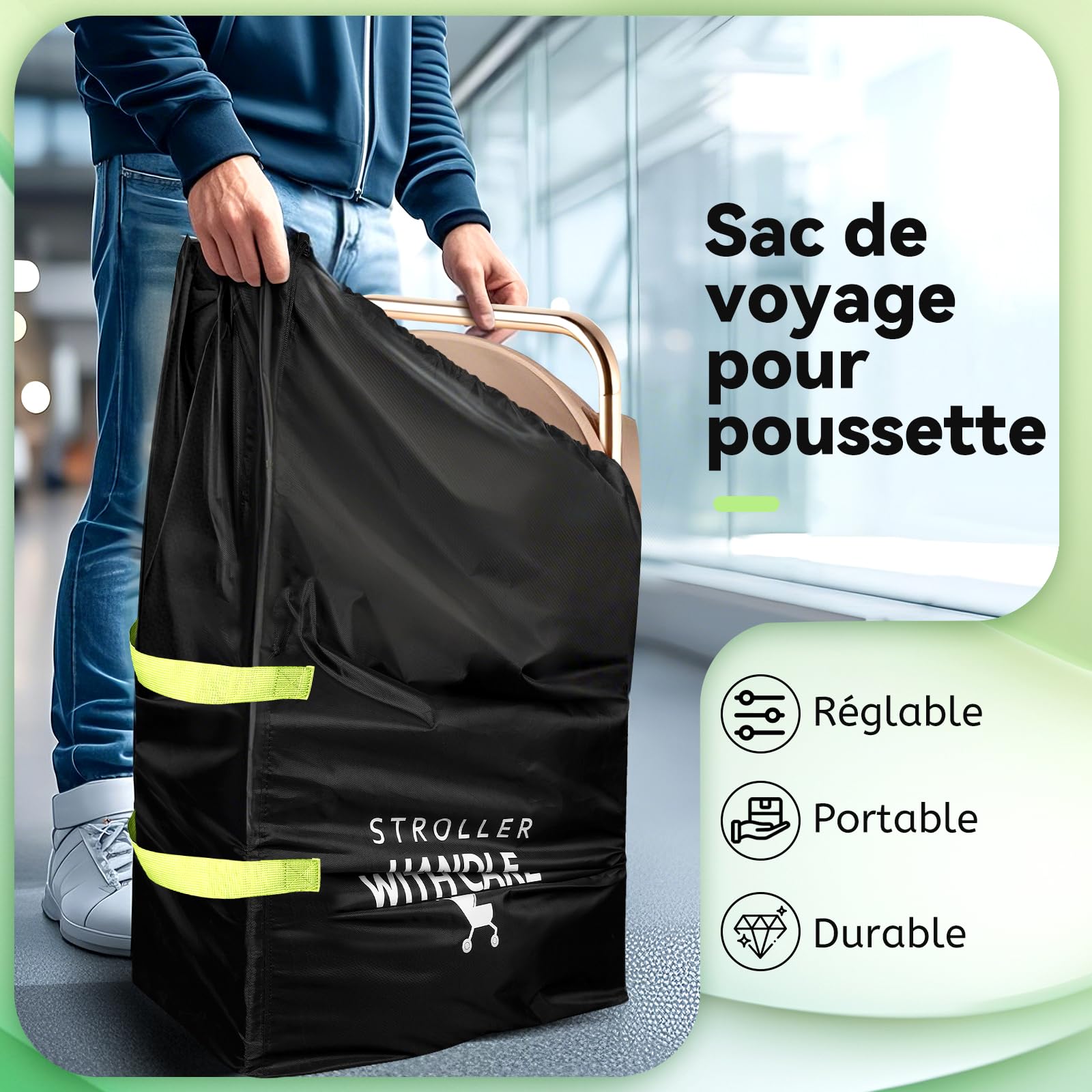 Sac de Voyage pour Poussette Avion, Grand Housse Protection Poussette Vol, Noir