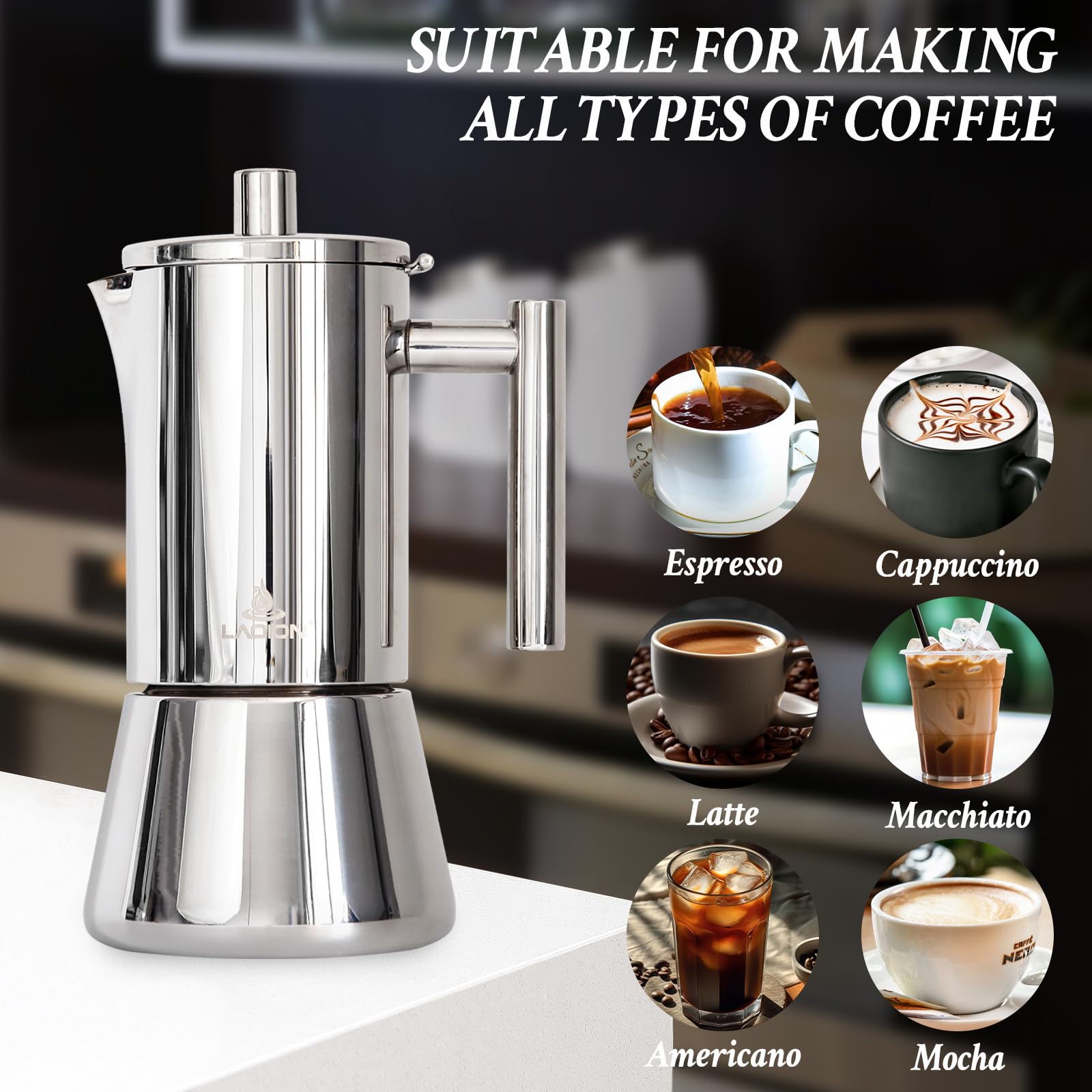 LAOION Cafetera espresso para estufa, cafetera cubana e italiana de acero inoxidable 18/8 para cafetería cubana, compatible con estufa de inducción Greca De Cafe, 300 ml, regalo de café para viajes en