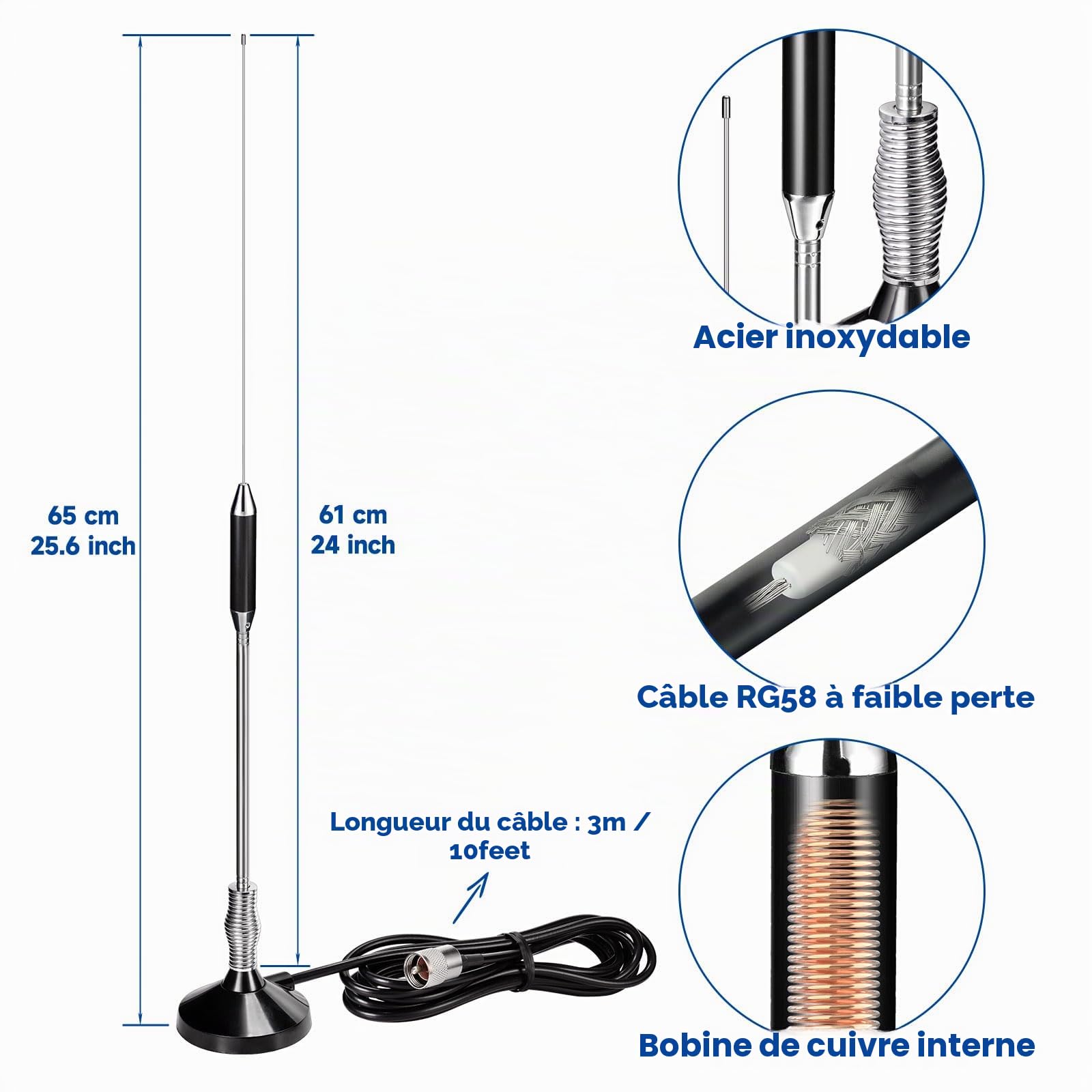 Bingfu Antenne CB Veicolare 27 MHz Flexible Mâle UHF PL259 et BNC 65 cm