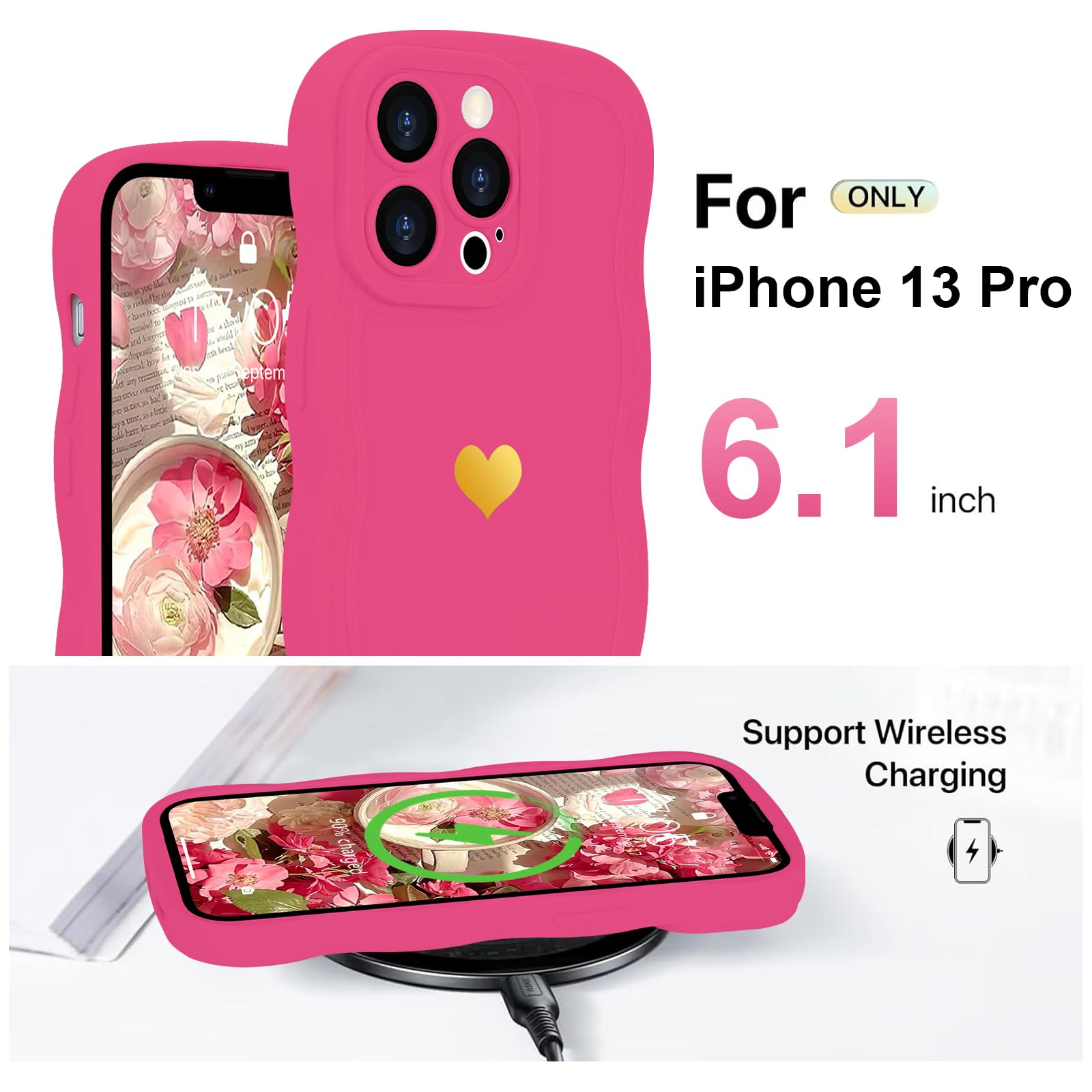 LAPOPNUT for iPhone 13 Pro Case,Cute Curly Wave Frame Love Heart Phone Case for Girls Women,Soft Silicone TPU Bumper Shockproof Camera Protective Cover for iPhone 13 Pro 6.1 inch,Hot Pink - Image 4