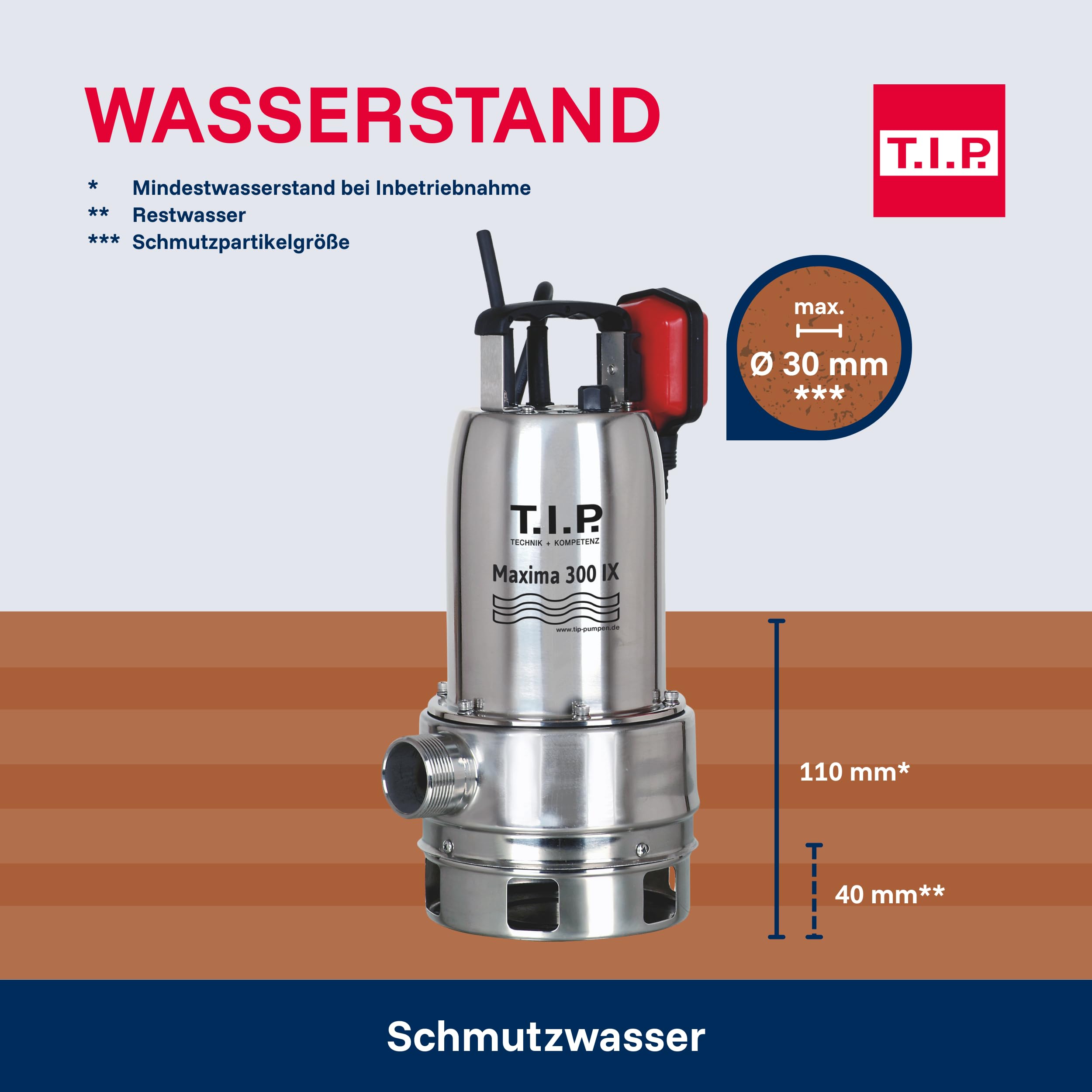 T.I.P. 30116 Schmutzwasser Tauchpumpe Maxima 300 IX (bis 18.000 l/h Fördermenge, Förderhöhe max. / Druck max. 8 m / 0,8 bar, 700 Watt, Edelstahl-Pumpengehäuse, Offenes Noryllaufrad)