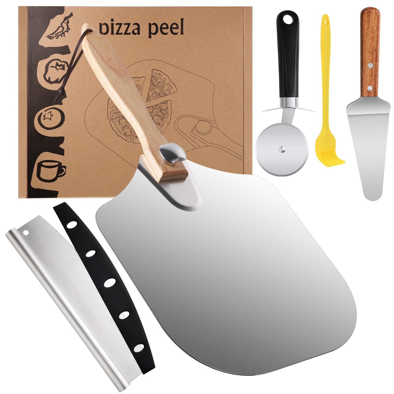 Pizza Peel 12 inch Aluminum Pizza Spatula Pizza Paddle 12" x 14" with Foldable Wood Handle, Pizza Rocker Cutter, Pizza Cutter Wheel, Pizza Server for Family Pizza Oven Baking Pizza Stocking Stuffers