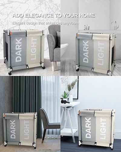 Miniatura 5 de Cesta de lavandería con tapa, juego de bolsas de lavado de 120 litros, clasificadora portátil, carrito plegable con ruedas y compartimentos,