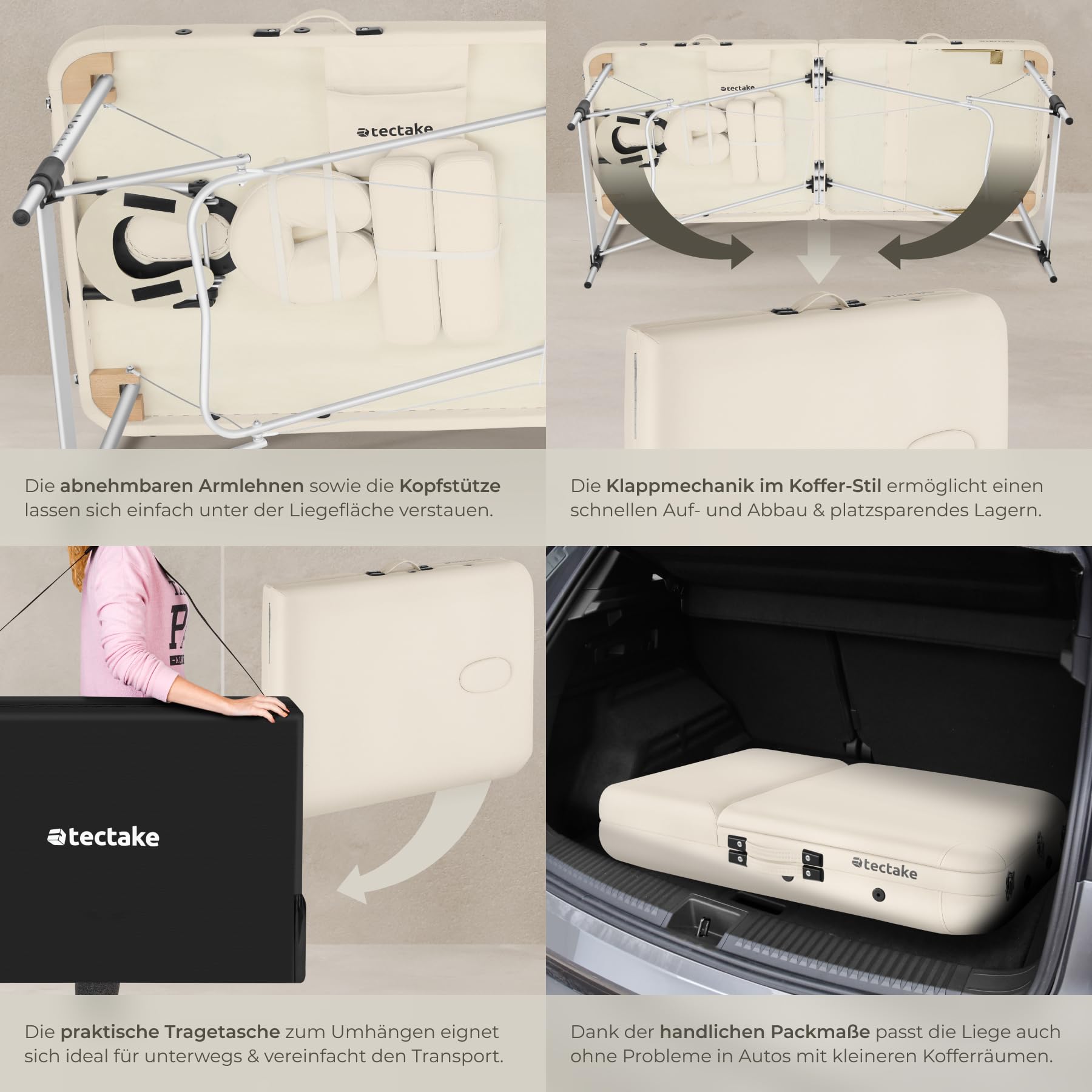 tectake Massageliege 3 Zonen klappbar höhenverstellbar Aluminium Massagetisch tragbar inkl. Zubehör beige