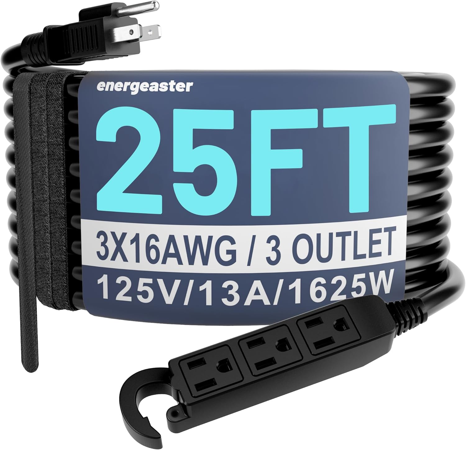 Energeaster 16/3 25 Ft 3 Outlet Extension Cord Outdoor Waterproof, Black Extension Cords with Multiple Outlets, 3 Prong with Multi Outlet Outside 13A 1625W 16AWG SJTW, ETL Listed