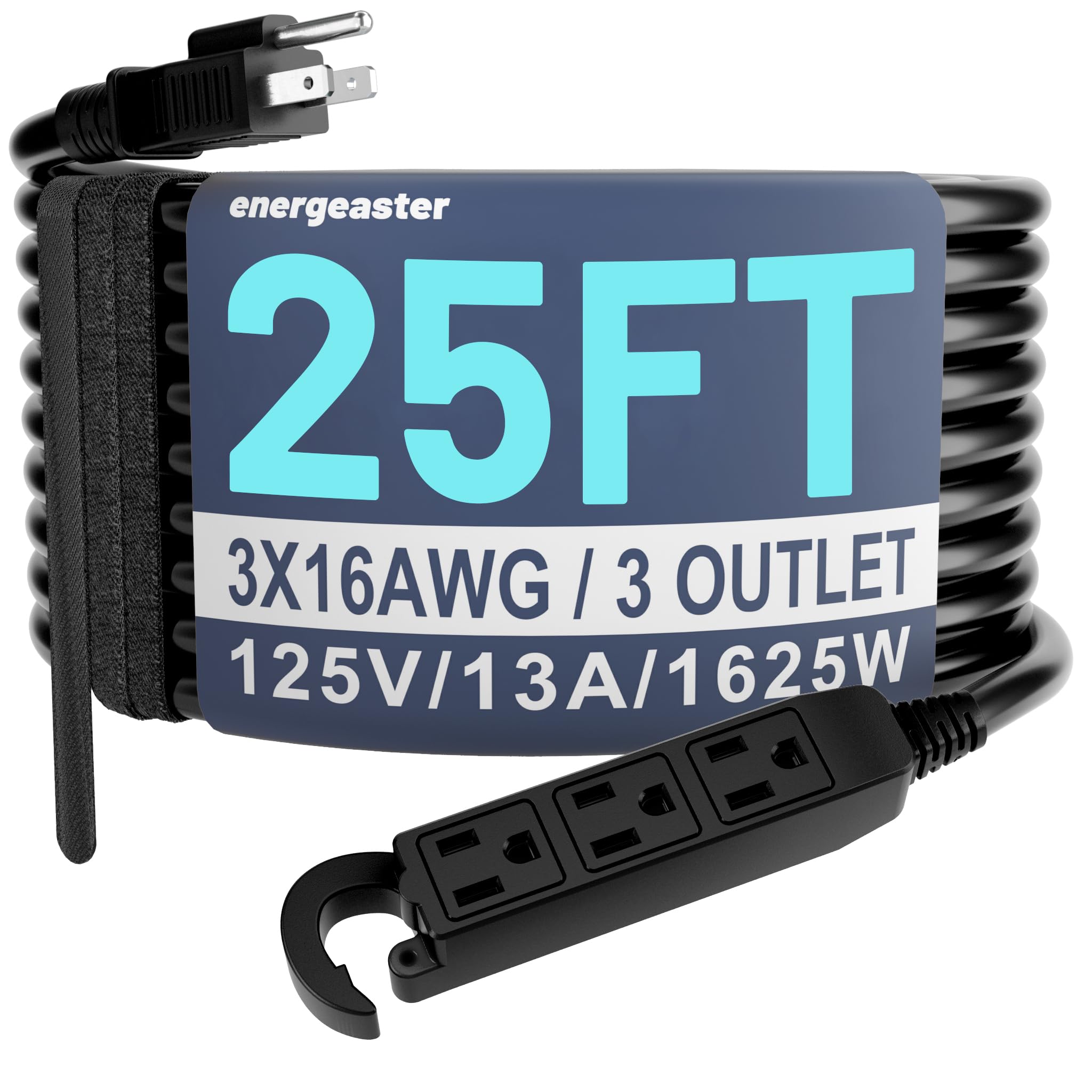 Energeaster 16/3 25 Ft 3 Outlet Extension Cord Outdoor Waterproof, Black Extensi