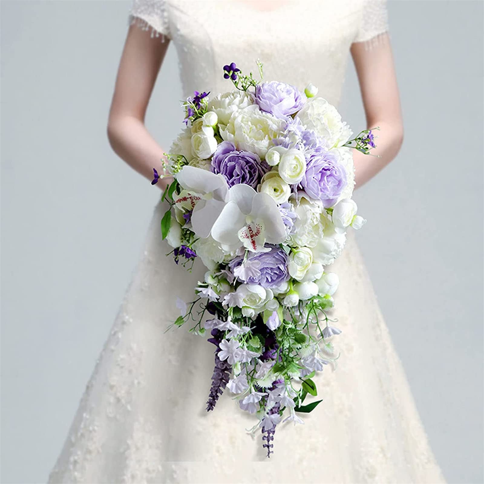 UVECA Wedding Bouquets For Bride Artificial Flower Purple Rose Cascade Bouquet Wedding Bouquets For Bride Flowers Teardrop Bridal Bouquet For Beach Church