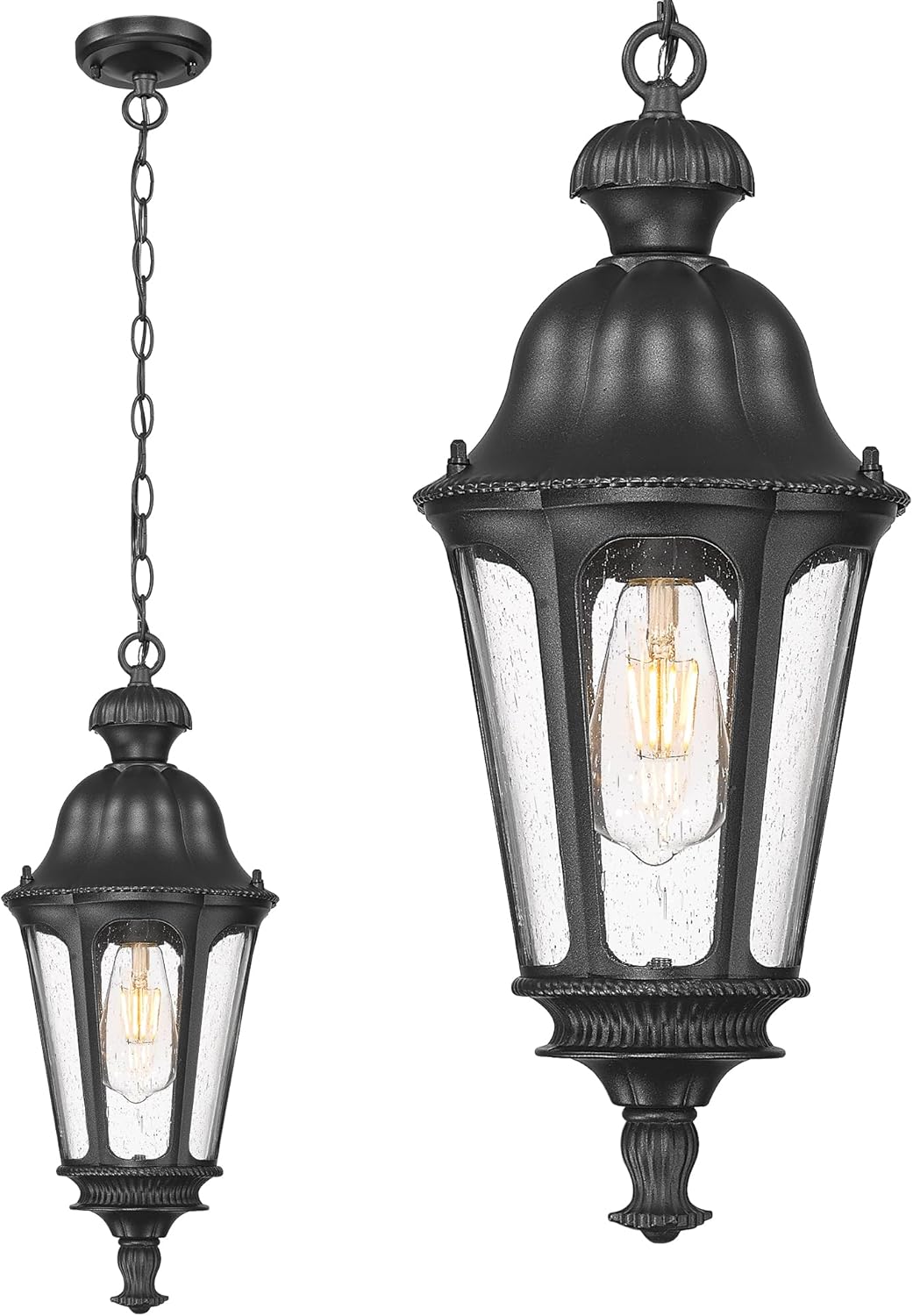 Outdoor Pendant Lights for Porch, HWH 26'' Large Exterior Hanging Light Fixtures with Seeded Glass, Outdoor Hanging Chandelier for Porch Patio Gazebo Hallway, Matte Black Finish, 5HW90H-L BK