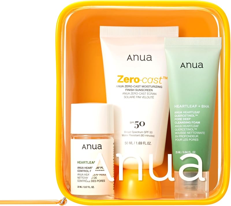 Kit de viaje Anua Sun-Ready | Protector solar Zero-Cast, aceite limpiador y limpiador facial. Protector solar coreano con rutina de limpieza doble de tamaño mini, cuidado de la piel coreano