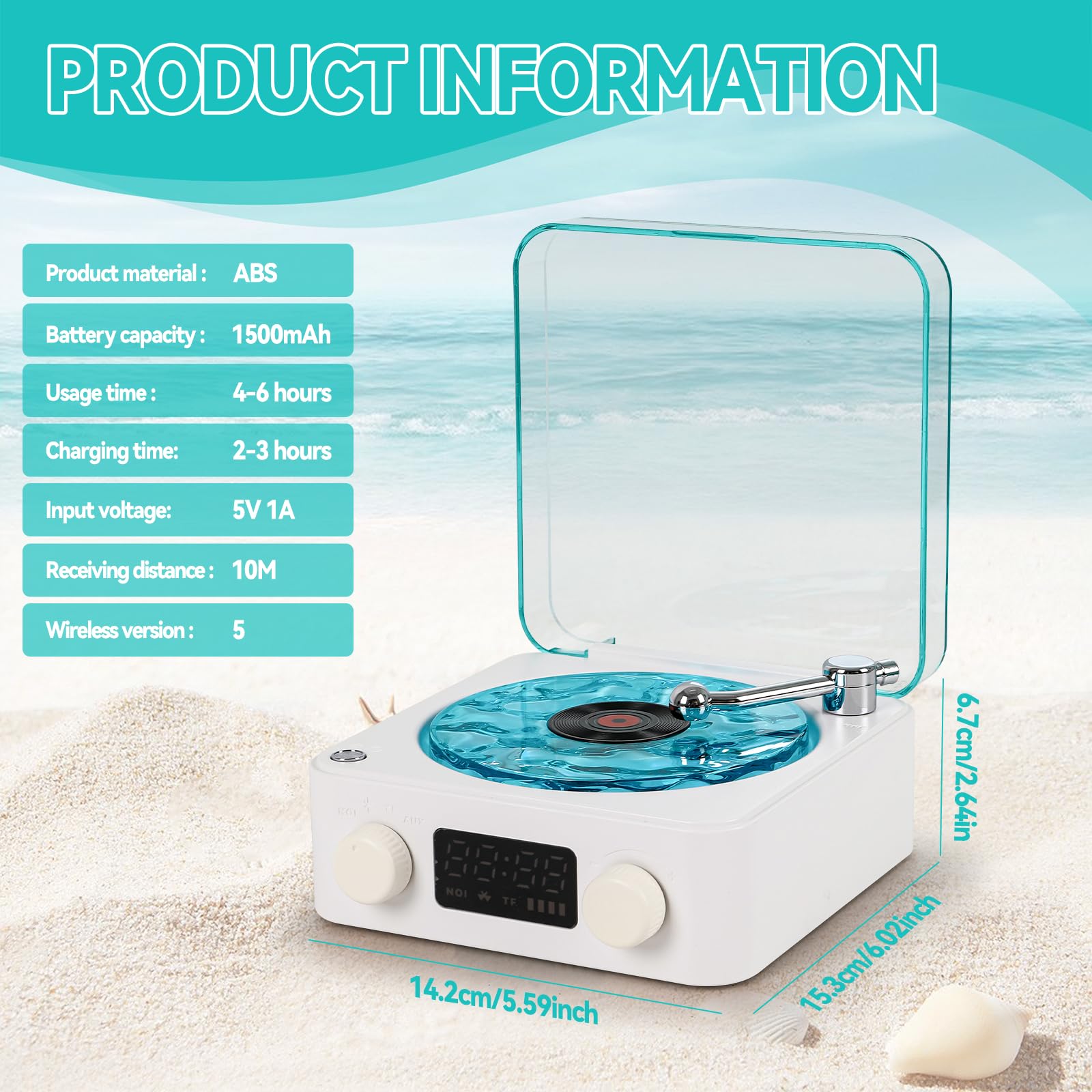 Waves - Altoparlante in vinile Bluetooth, con luce RGB e effetto onde d'acqua, 3 modalità stereo, con 4 suoni della natura, compatibile con scheda TF e modalità AUX (bianco)