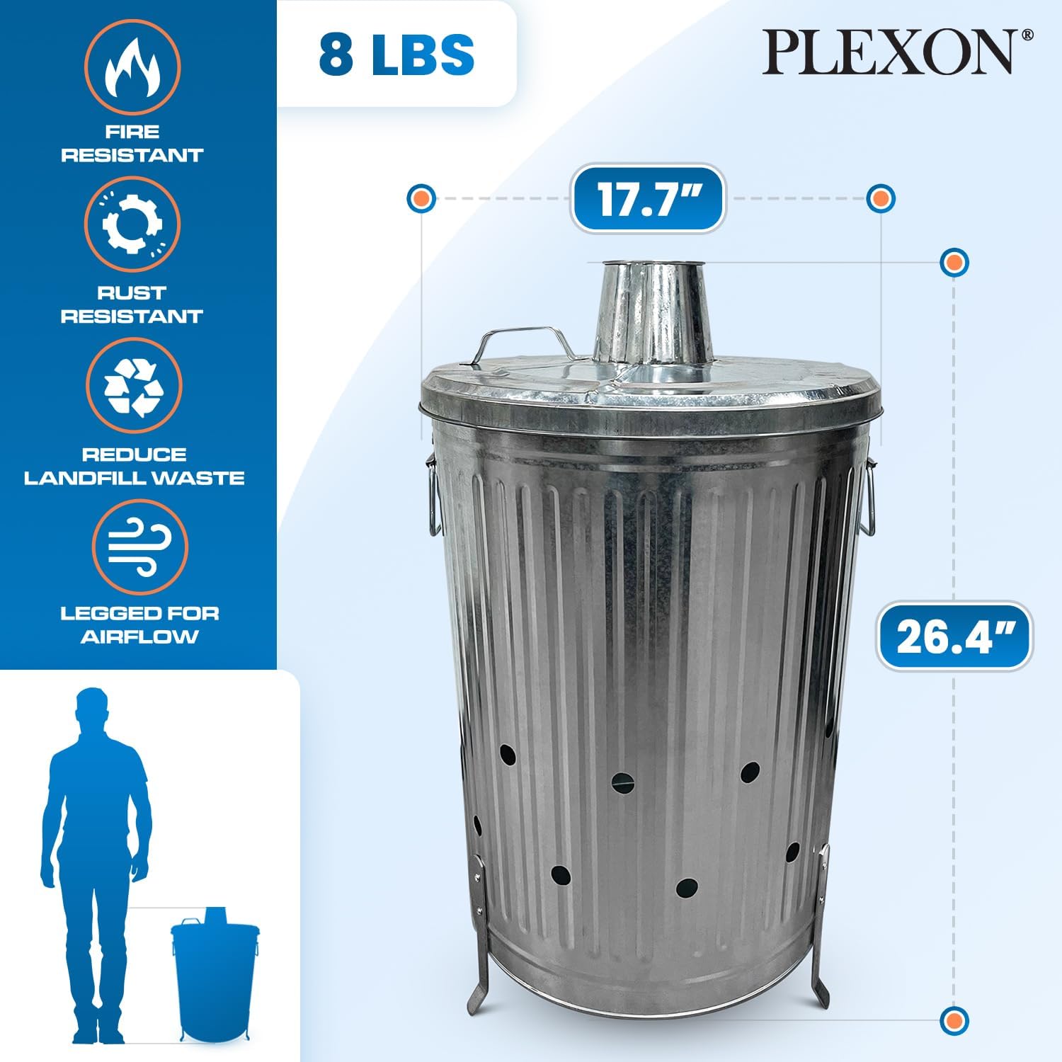 Plexon Incinerator Burn Barrel for Outside for Burning Trash Leaf - Metal Burn Can Cage Bin Container - Fire Can Paper Burner Outdoor, Chimney Lid and Ventilation Holes, Galvanized Steel, 20 Gallon