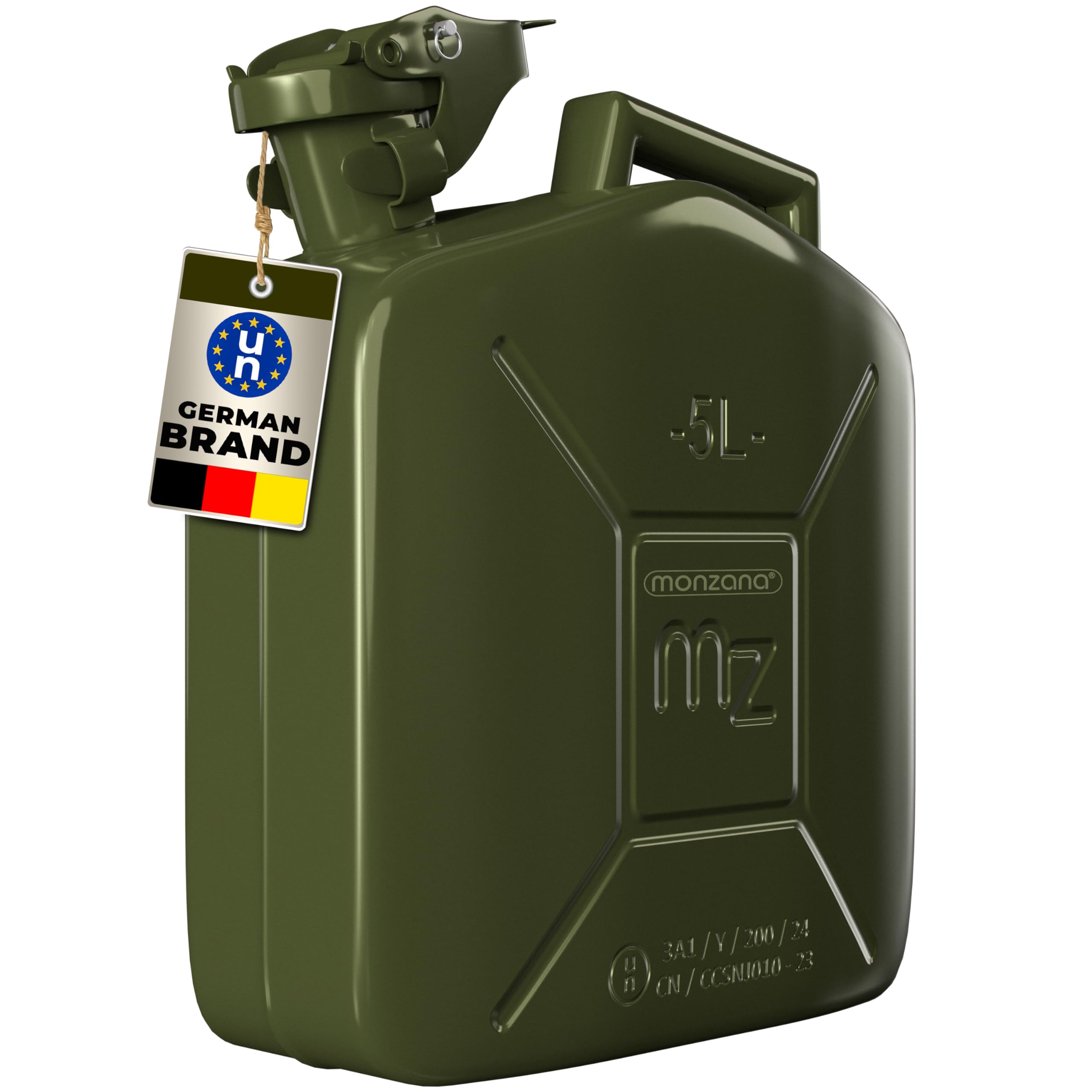 MONZANA® 5 Litre Metal Fuel Canister | 0.9mm Thick Steel Jerry Can | Leak-Proof Safety Lock | UN-Approved Transport Container | Petrol Diesel Oil Water | Corrosion Resistant Storage | Green