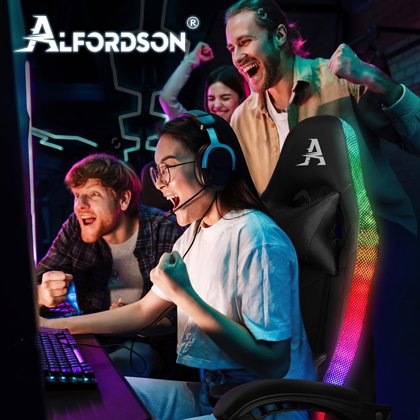 ALFORDSON Chaise de jeu massante avec LED, ergonomique, inclinaison de 150°, repose-pieds escamotable, en similicuir PU, hauteur réglable, capacité 180 kg, Noir