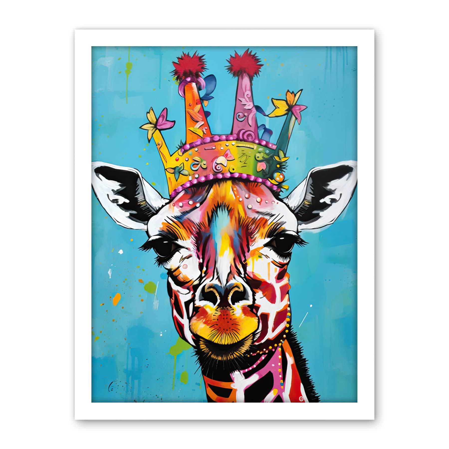 Artery8 Giraffe Wearing Princess Crown Modern Folk Art Artwork Framed Wall Art Print 18X24 Inch