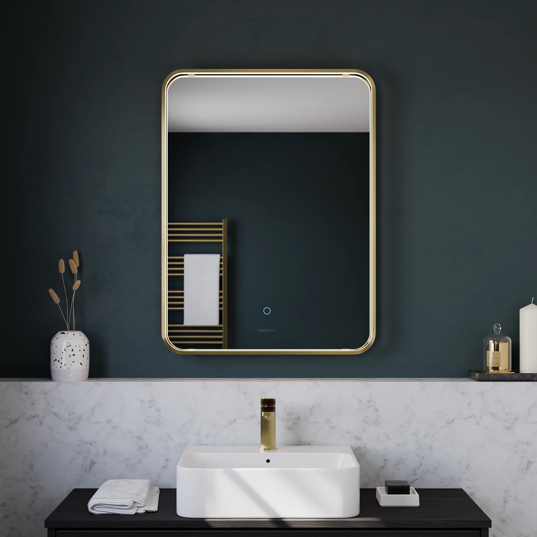 Pebble Grey Brushed Brass Illuminated Bathroom Mirror with LED Lights 600x800mm IP44 Rated - Luna Portrait 3 Colour Dimmable LED Bathroom Mirrors with Lights,Demister Pad,& Touch Sensor,Deep Framed
