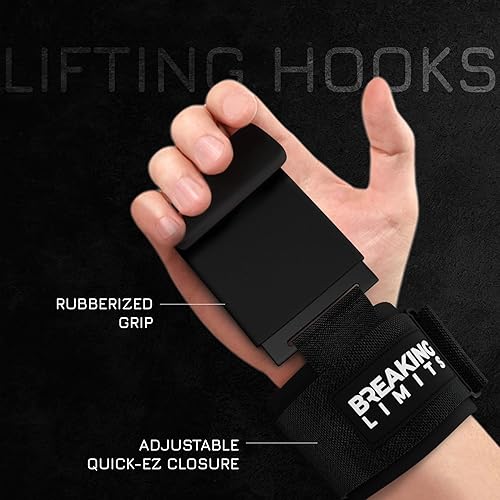 Miniatura 7 de Breaking Limits Ganchos de elevación para levantamiento de pesas (par) - Ganchos de muñeca para levantamiento de pesas, gimnasio, peso muerto y