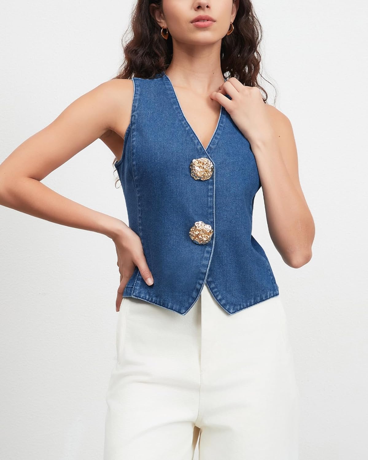 Womens Denim Vest Sleeveless V Neck Button Down Jean Jacket Fitted Jean Suit Waistcoat Vest Top - Image 3