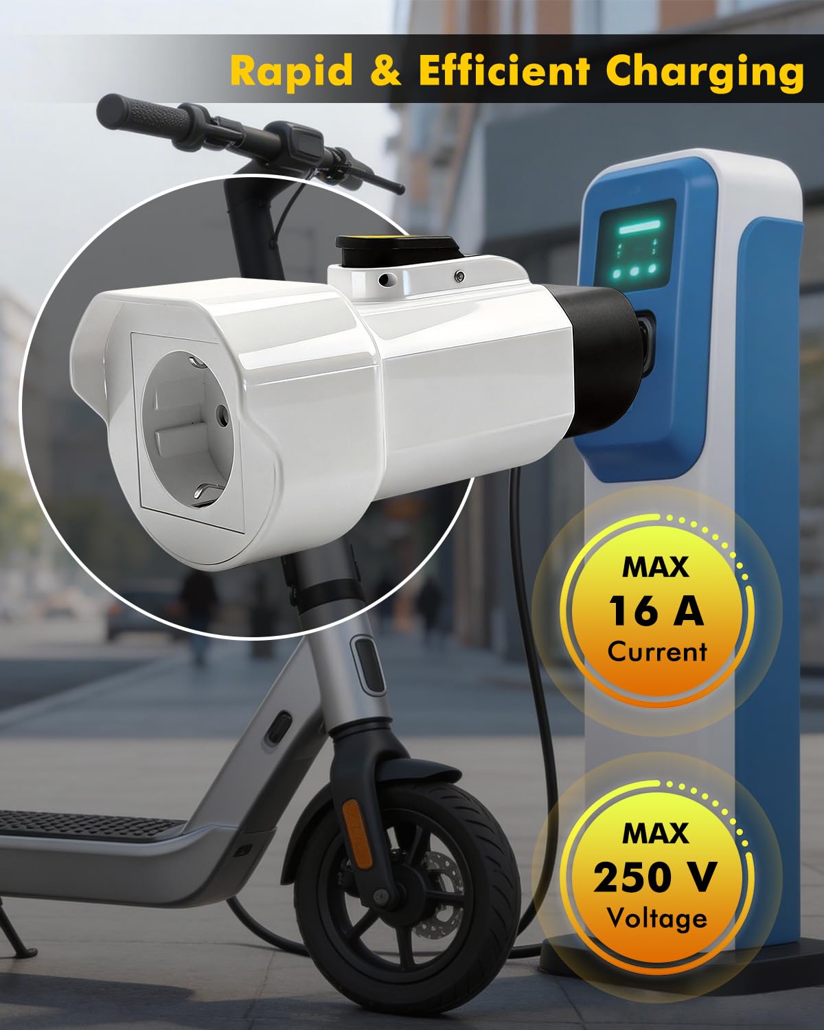 Erato Adattatore Tipo 2 a Schuko 220 V-250 V 16 A IEC-62196 Adattatore Stazione di Ricarica per Auto elettriche Scooter Elettrico Bicicletta Moto Bici elettrica, Bianco