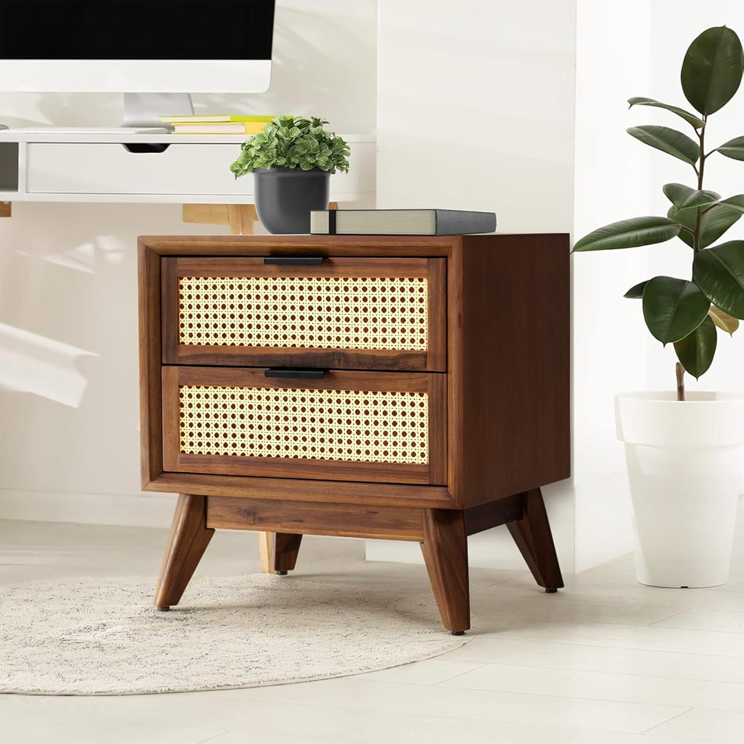 Solid Sheesham Wood Bedside Table with 2 Rattan Drawers | Mid-Century Modern Wooden Nightstand | Cane Storage Cabinet for Bedroom & Living Room | Natural Finish-image-43