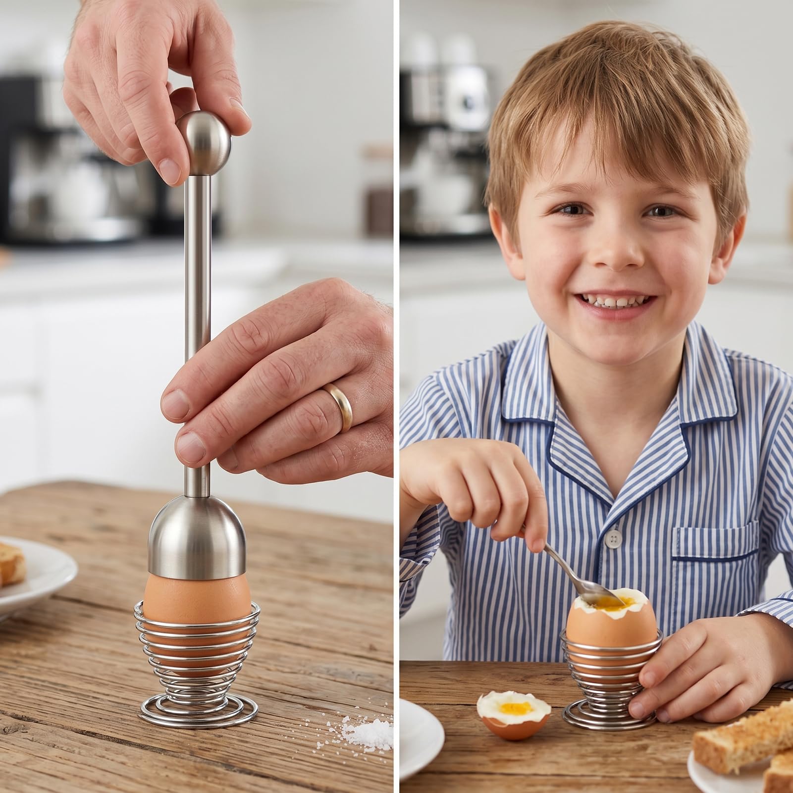 2pcs Abridor de cáscaras de huevos cocidos de acero inoxidable Incluye cortador de huevos, separador y un huevero, perfecto para huevos duros, blandos y crudos Fácil de usar