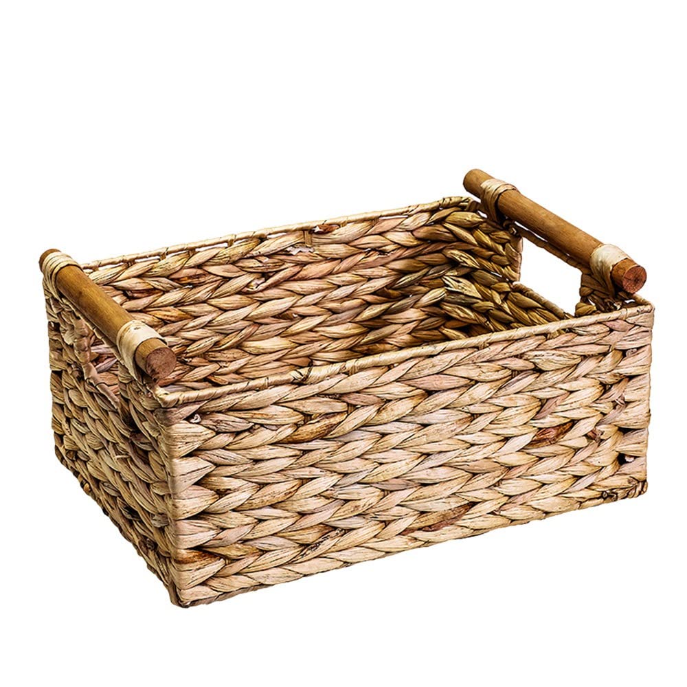 CTRLZS Wicker Basket Rectangular with Wooden Handles for Shelves,Water Hyacinth Basket Storage,Natural Baskets for Organizing B