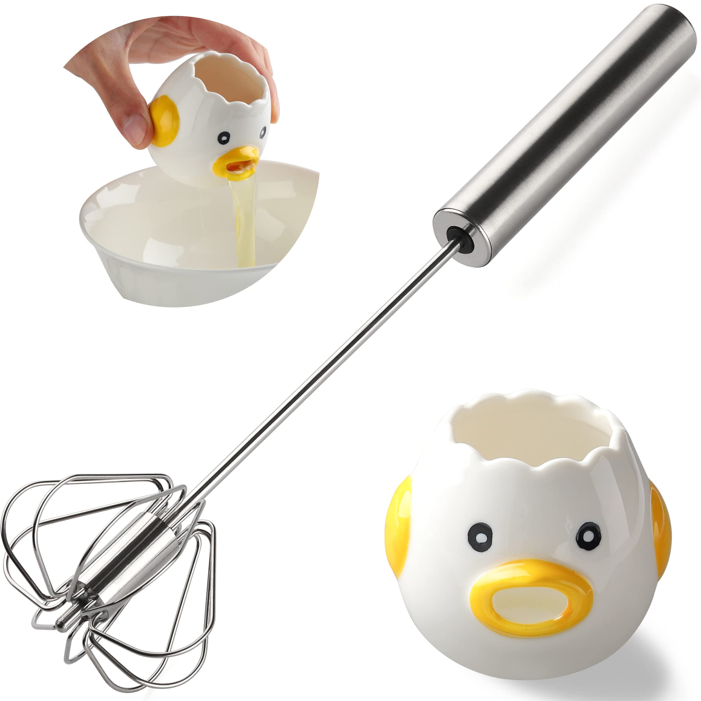 Egg Separator Set Include 1 Stainless Steel Hand Whisk and 1 Ceramic Egg Yolk White Divider for Cooking Kitchen Tools Gadget (1)