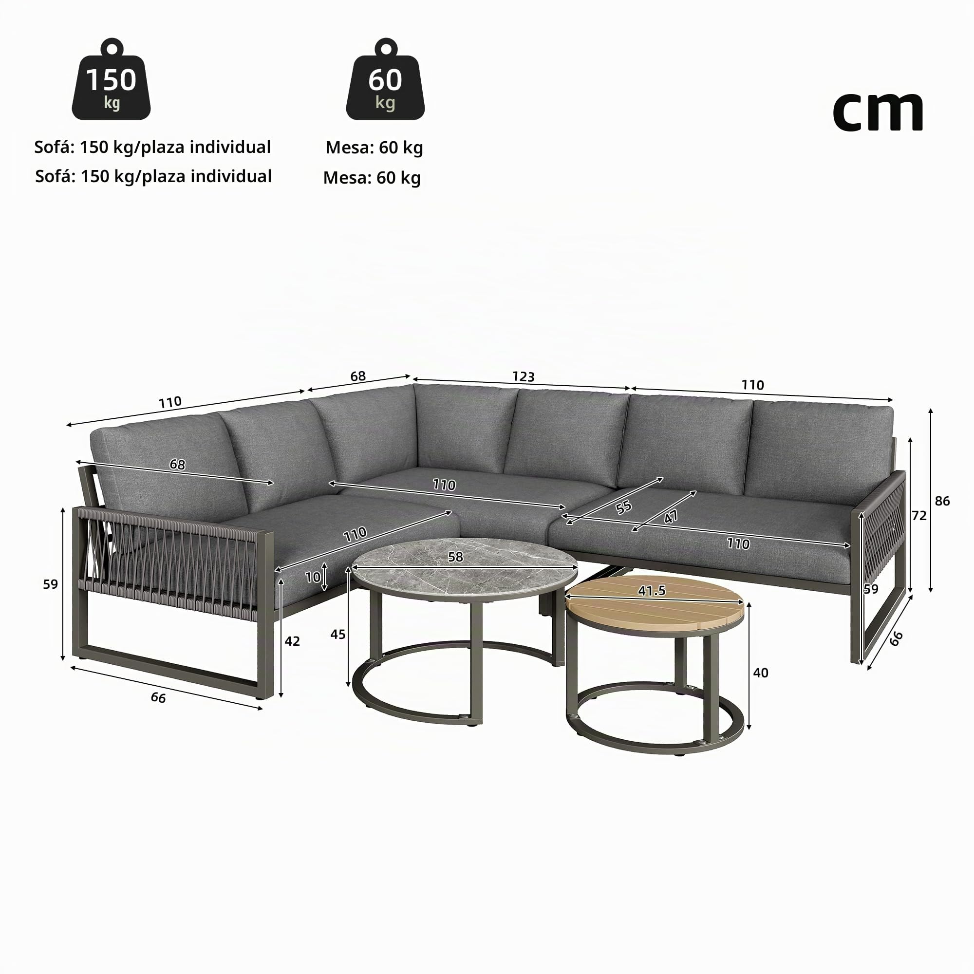 Soweiz Juego de salón de jardín, juego de muebles para 6-7 personas, sofá esquinero con estructura de hierro galvanizado, patas ajustables, incluye todos los cojines de asiento y respaldo, sofá