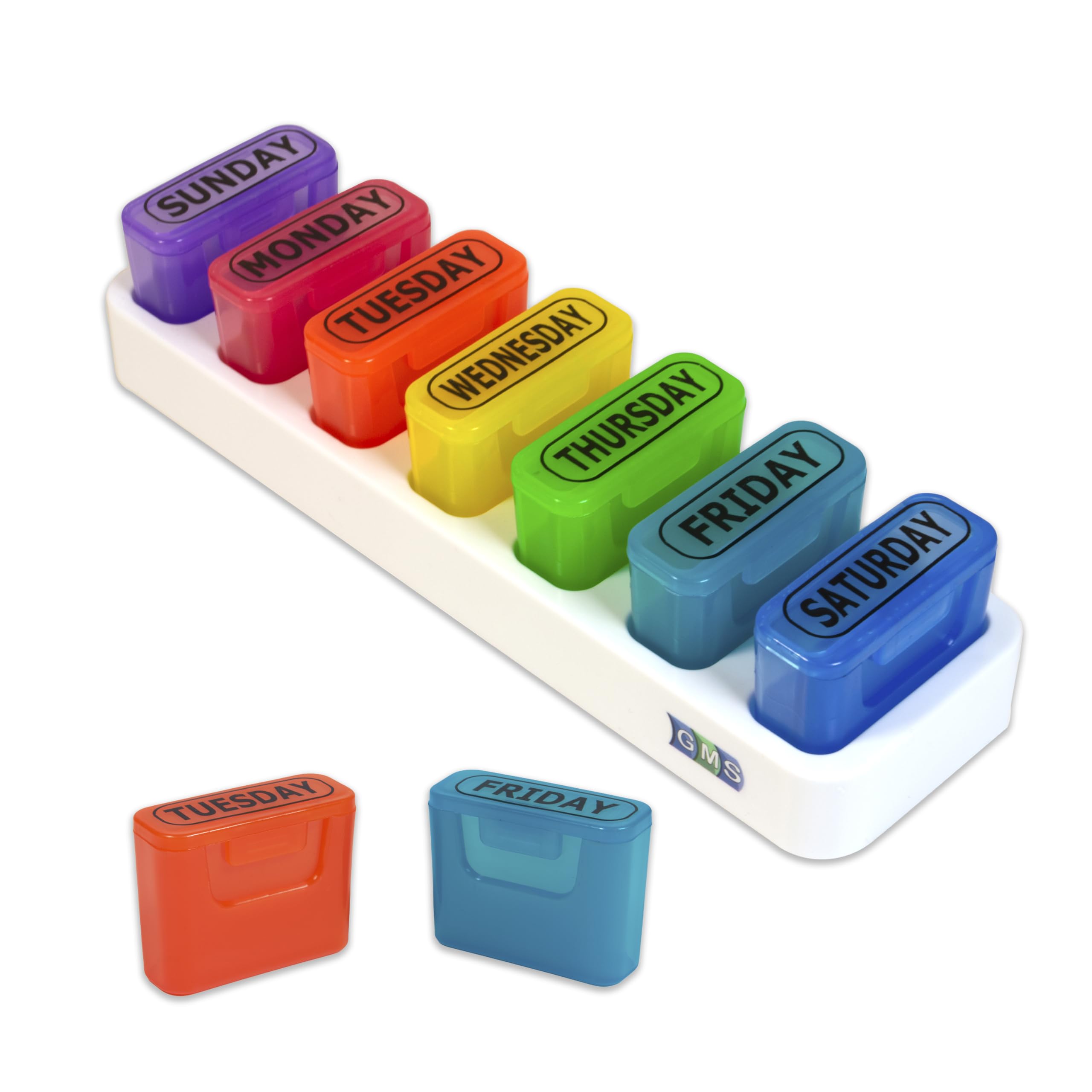 GMS Weekly Pill Organizer - 7 Day Pop Out Pill Pods for Supplements, Vitamins & Medications - Ideal for Daily Use & Travel - Rainbow