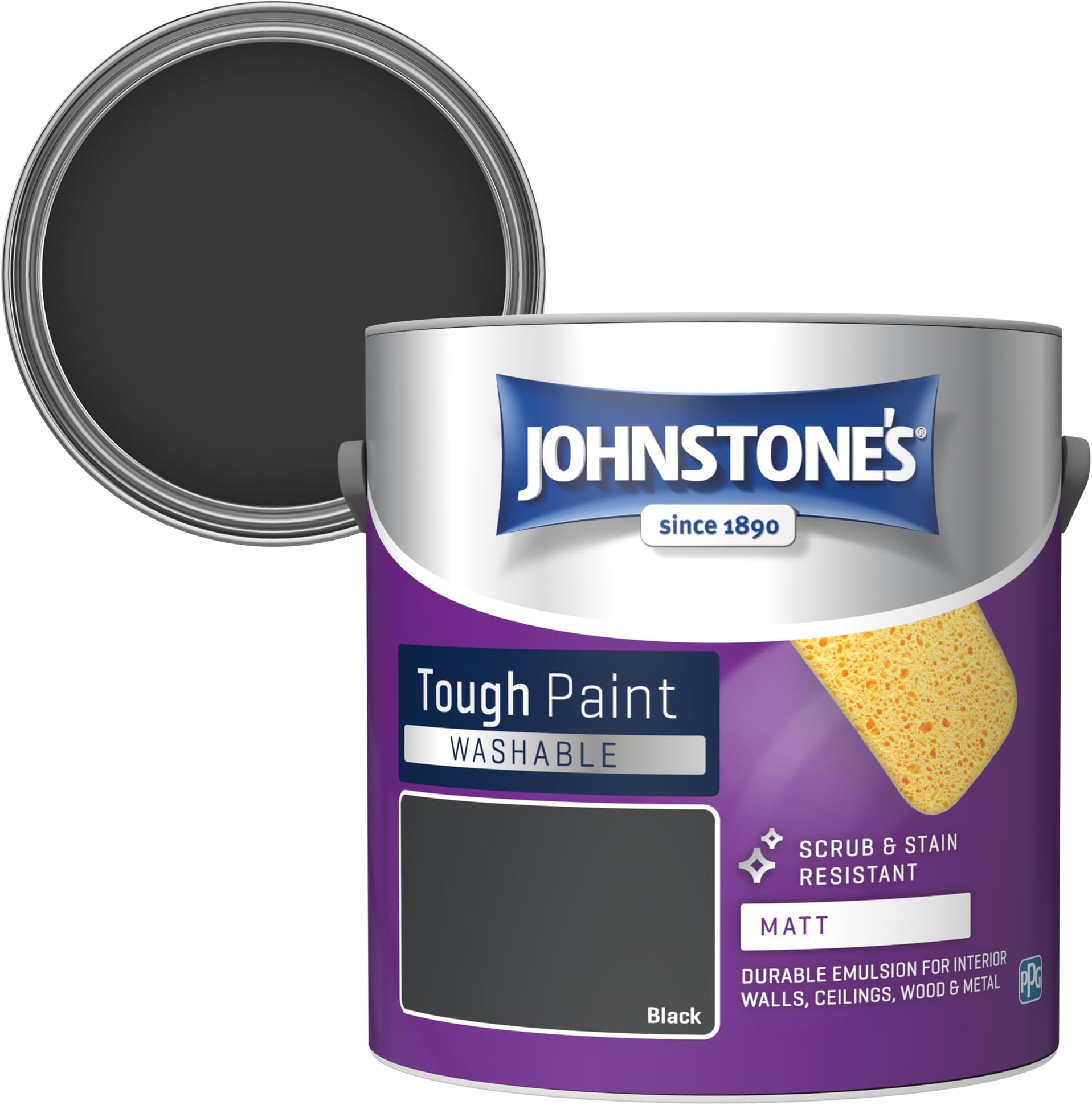 Johnstone's - Washable Paint - Black - Matt Finish - Emulsion Paint - Highly Durable - Stain Resistant - Non Toxic & Low Odour - 12m2 Coverage per Litre - 2.5L