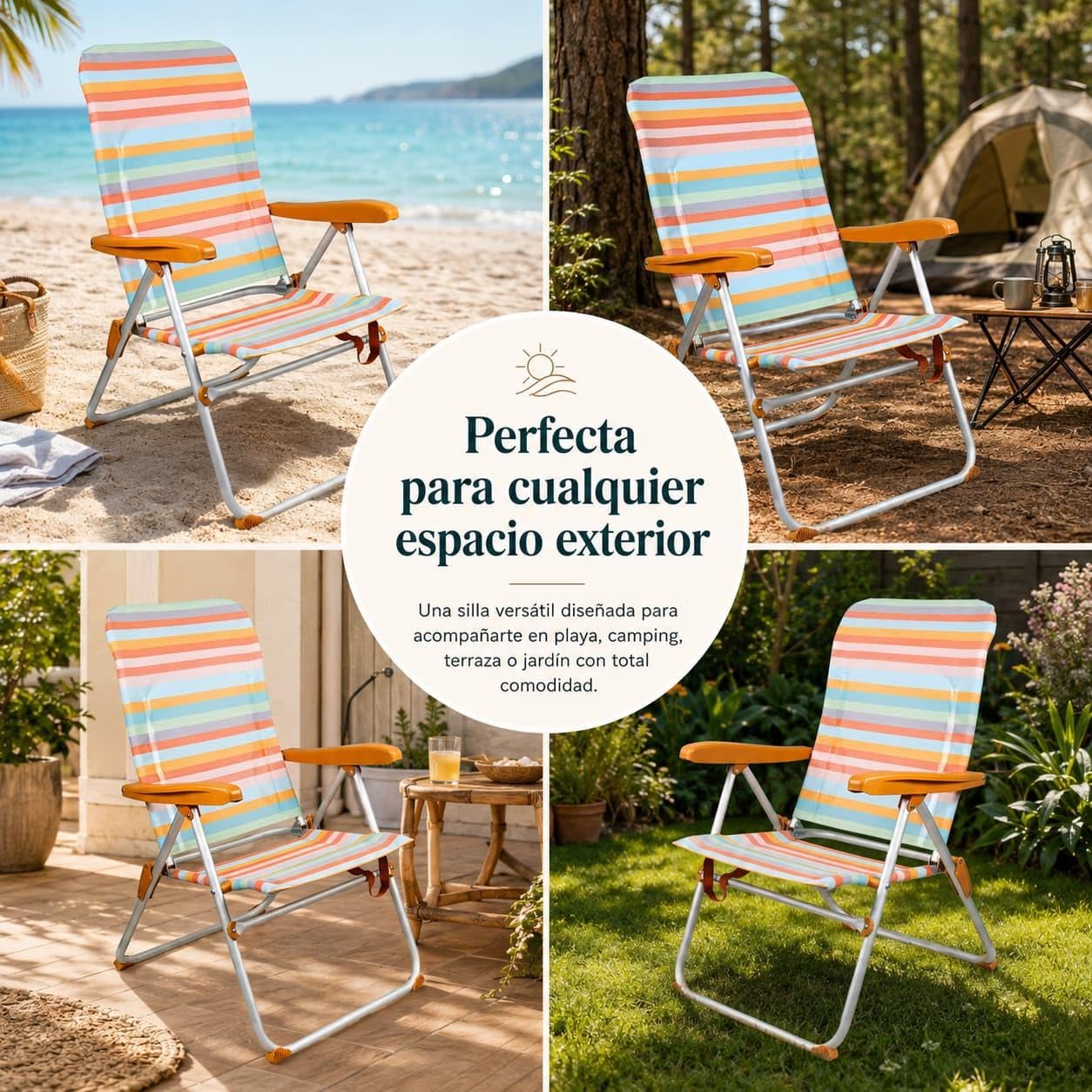 Silla de Camping Respaldo Alto - Plegable y Reclinable - para Playa, Terraza, Piscina, Jardín - 37cm Altura Asiento - Ocre a Rayas - con Asas de Fácil Transporte y Reposabrazos - Textileno y Aluminio