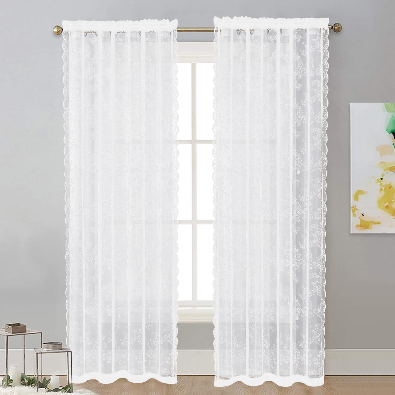 WANDGU White Sheer Curtains: 2 Pieces Embroidered Voile Curtains with Flower Passage Rod Pocket Decorative Embroidered Curtains Voile Curtains with Eyelets for Living Room Terrace Bedroom (1.5 x 2 m)