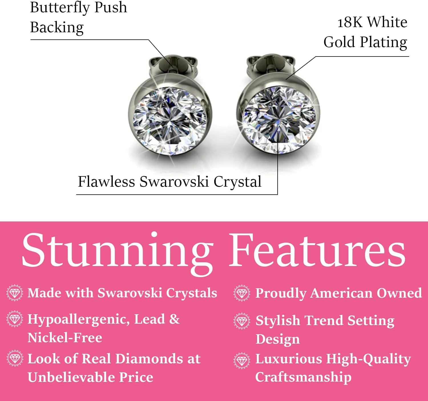 Cate & Chloe Blaire 18k White Gold Stud Earrings with Crystals, Twilight Sparkle Round Cut Diamond Crystals Silver Studs Earrings, Wedding Anniversary