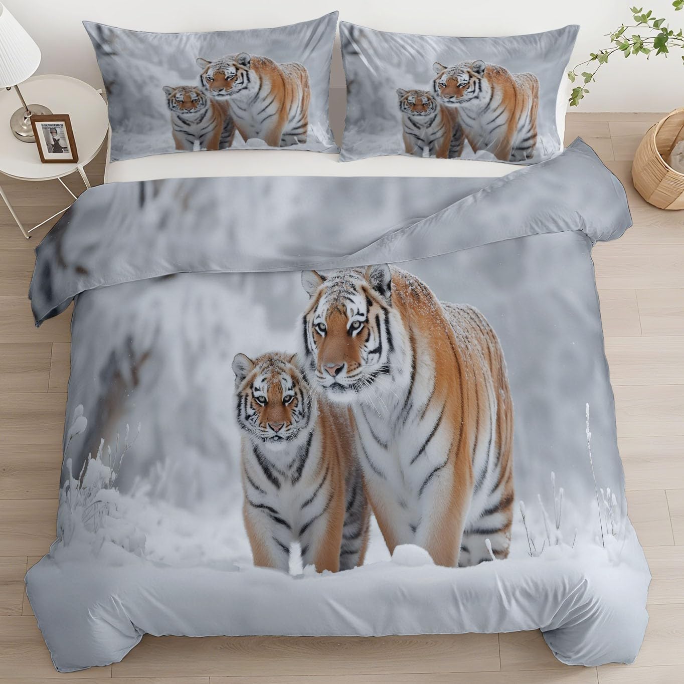 Duvet Cover King Luxury Reversible Bedding Sets, 230 x 220 cm Animals Tigers Snowflakes Photography, Easy Care Anti-Allergic Smooth Bed Linen Soft Cosy Quilt Cover Pillowcase Grey