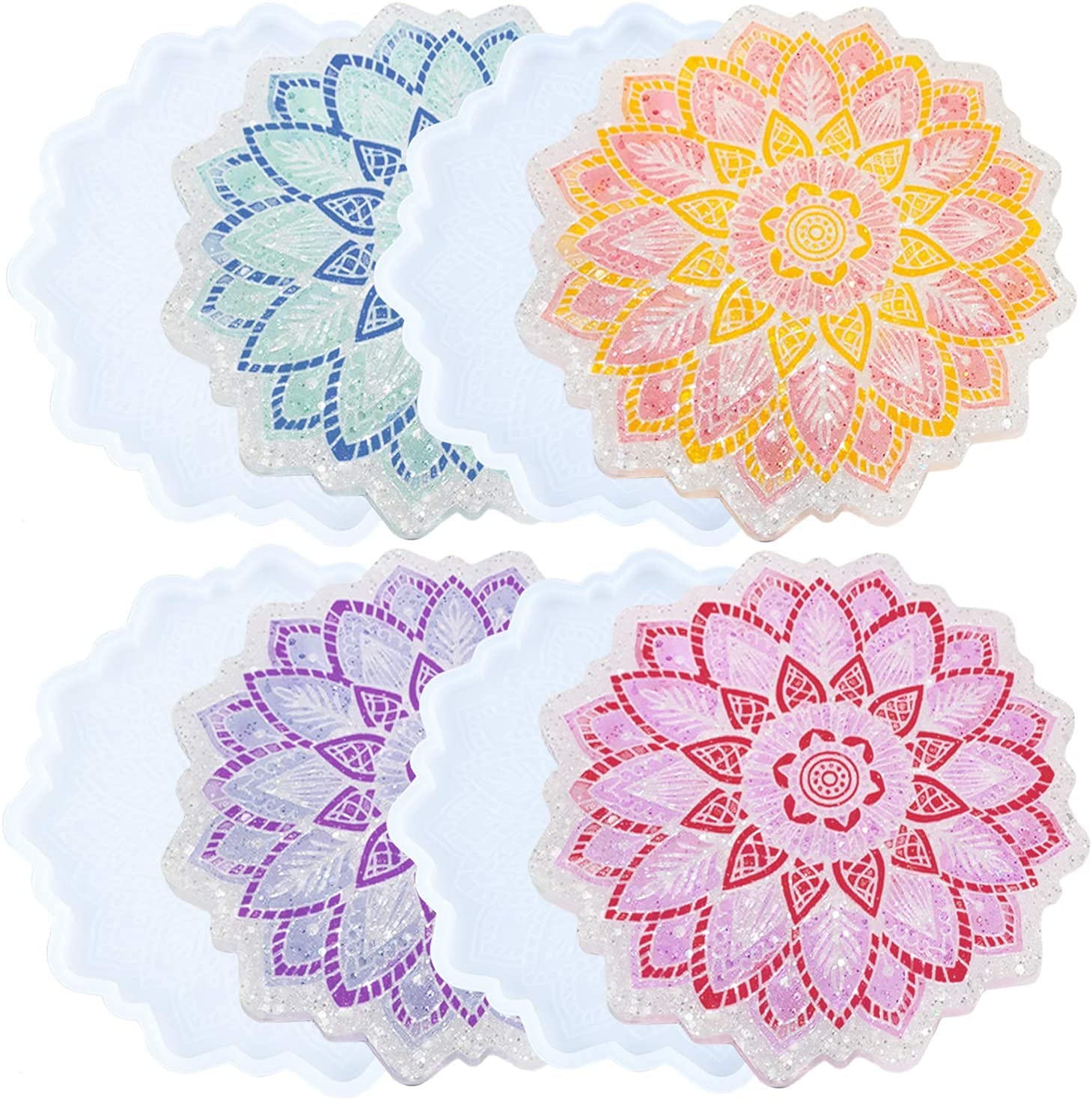 URBAN BOX Mandala Coaster Resin Molds for Drinks Silicone Flower Coaster Epoxy Resin Casting DIY Shiny Resin Crafts Set Cups Mats Tray Candle Holder Home Decor Tabletop Ornament Gift (Pack of 4)-image-17