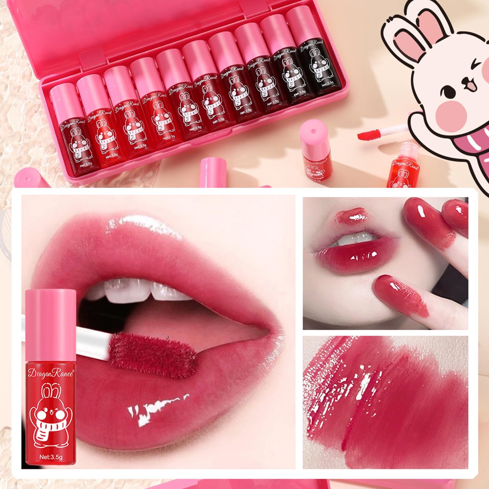Juego de 10 tintes de labios bonitos y brillantes y pintalabios mate con mini lápiz labial de larga duración y secado rápido para regalo de maquillaje (conejo, brillo de labios) 3