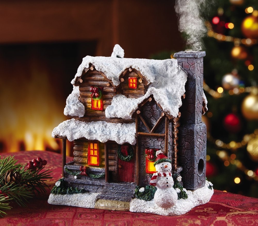 AWEHIRU Lighted Incense Burner Smoking Snowman Christmas Village Cabin House Decor Centerpiece Display Table Top Accent Holiday Decoration