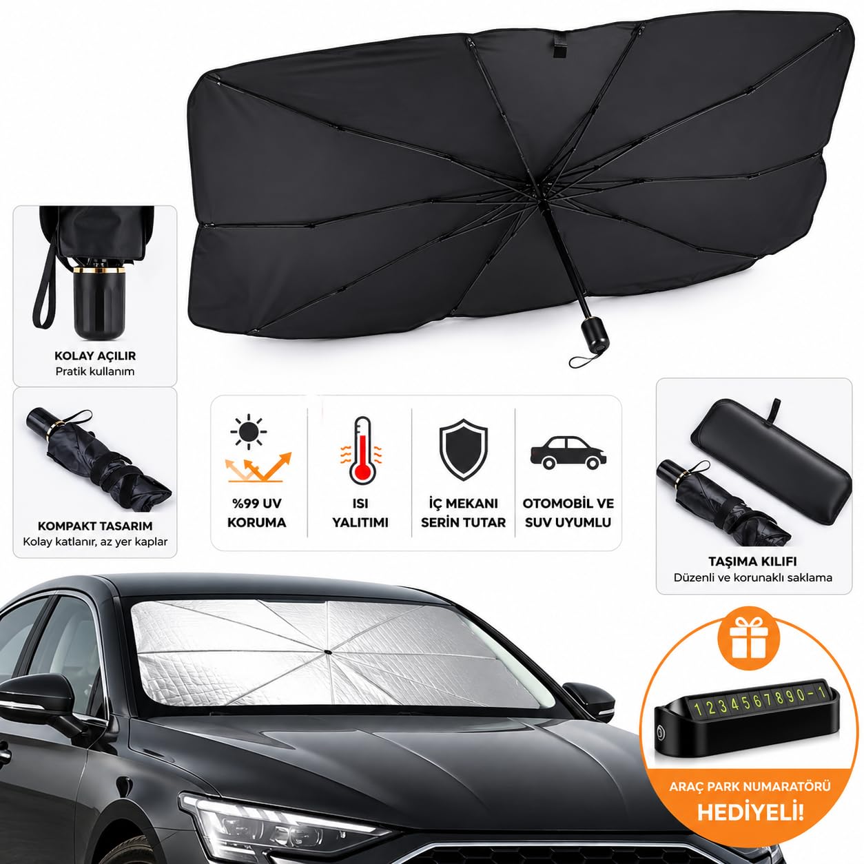 KRAFZ® Şemsiye Şeklinde Katlanabilir Oto Güneşlik ve Oto Numaratör Seti – Araç Güneşliği, Otomobil Ön Cam Güneşlik, Araba Güneşliği, Numaratör Hediyeli Güneş Koruyucu (140x79 cm)