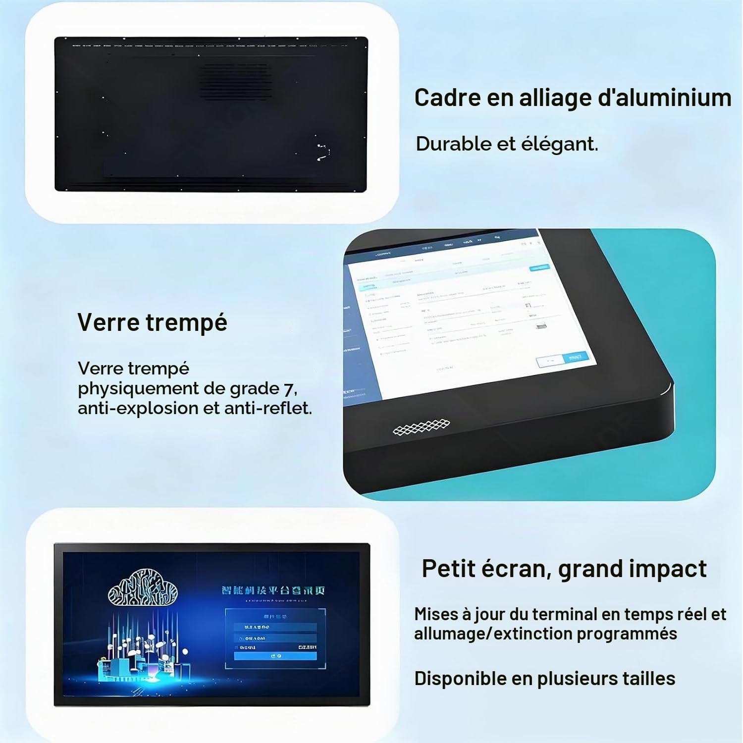 Qiang Écran Publicitaire LED Affichage Dynamique, Full HD 1080P IPS, Verre Protection 7H, HDMI/USB, Télécommande, Paysage/Portrait, Murale/Encastrée, pour Magasin Vitrine Restaurant 32inch
