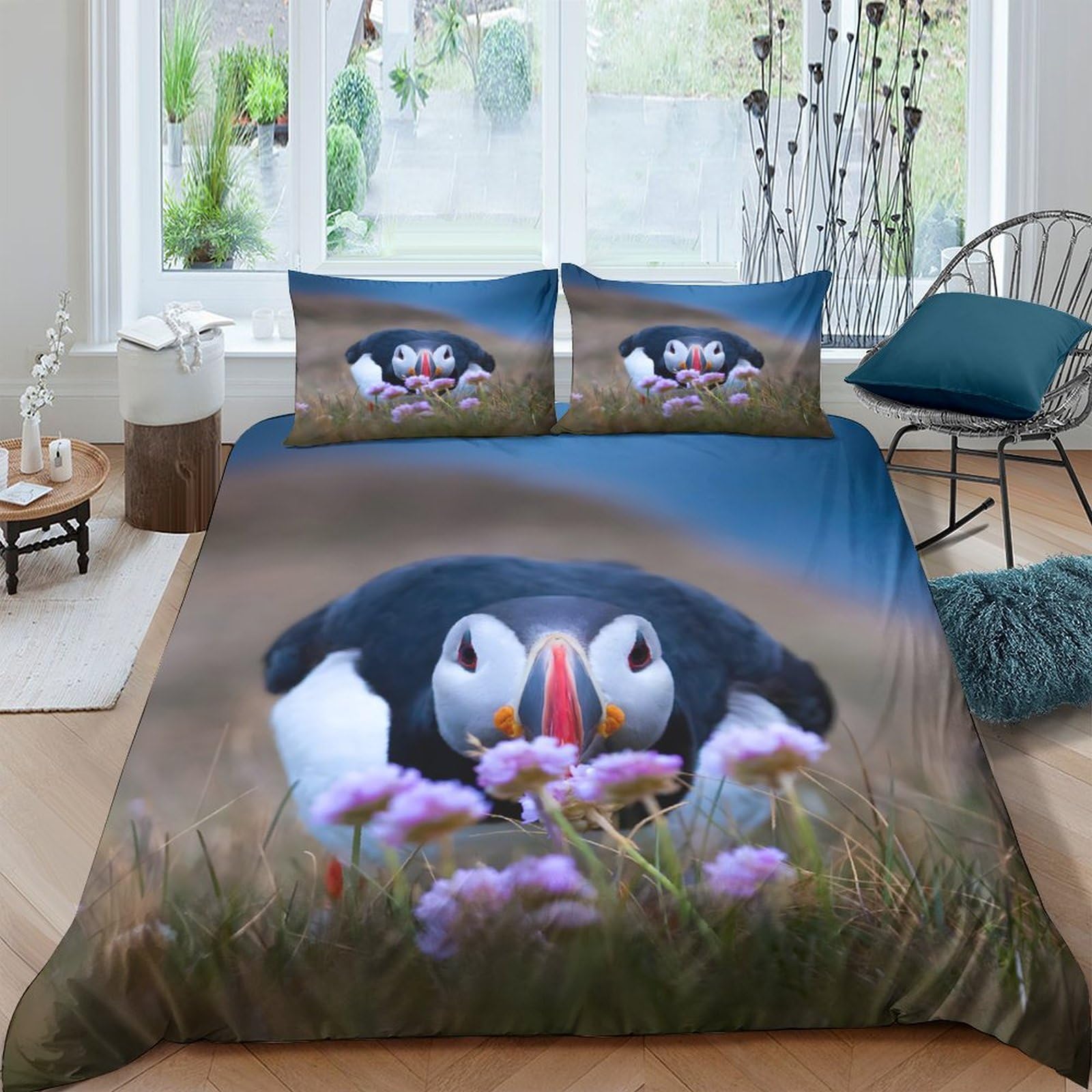 Ctjqhvkz Style-3 3D Printed Puffin Meadow Fitted Sheet Microfiber Soft Breathable Seaside Flowers Mattress Cover For Bedroom Decor Single（135X200cm）