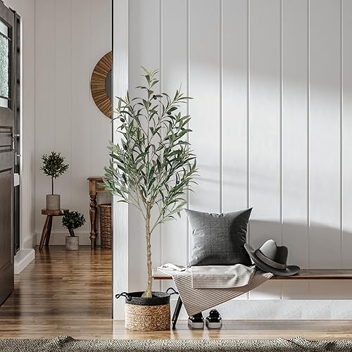 Miniatura 4 de Melli Welli Árbol de olivo artificial de 6.3 pies de alto para interiores, árbol de seda de olivo sintético de 75 pulgadas, planta grande en maceta