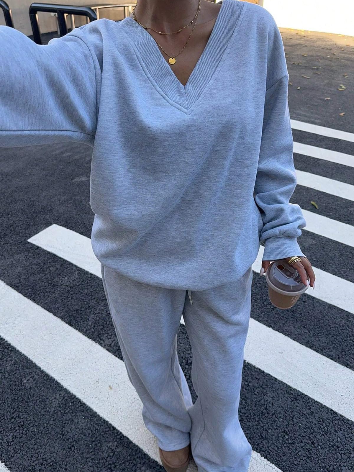 Conjunto de 2 piezas para mujer, sudadera de manga larga, pantalones de pierna ancha con bolsillos, chándal y ropa de descanso — view 6