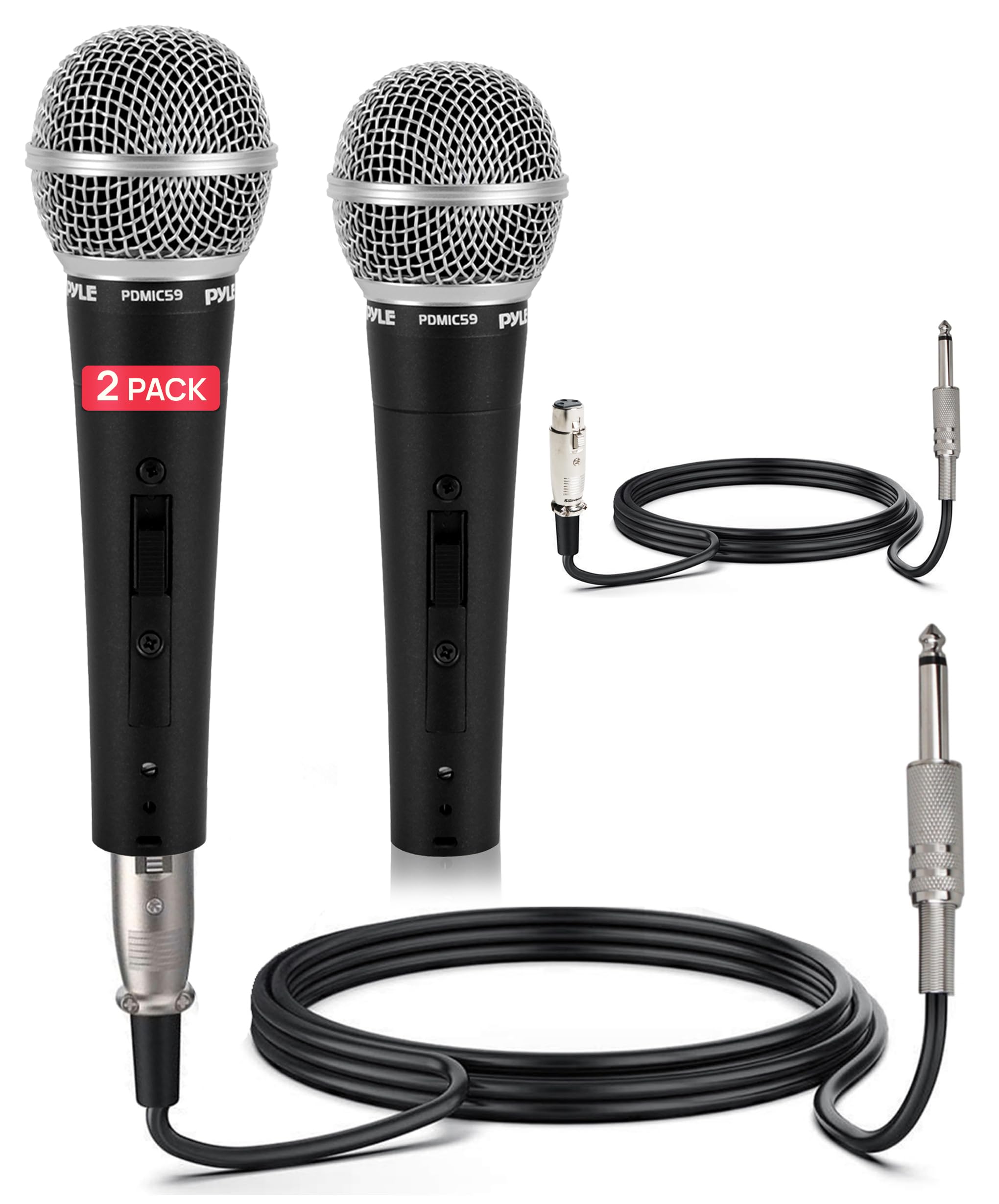 pyle professional dynamic vocal microphone - moving coil cardioid unidirectional handheld mic with on/off switch, includes 15ft xlr to 1/4'' cable, set of 2
