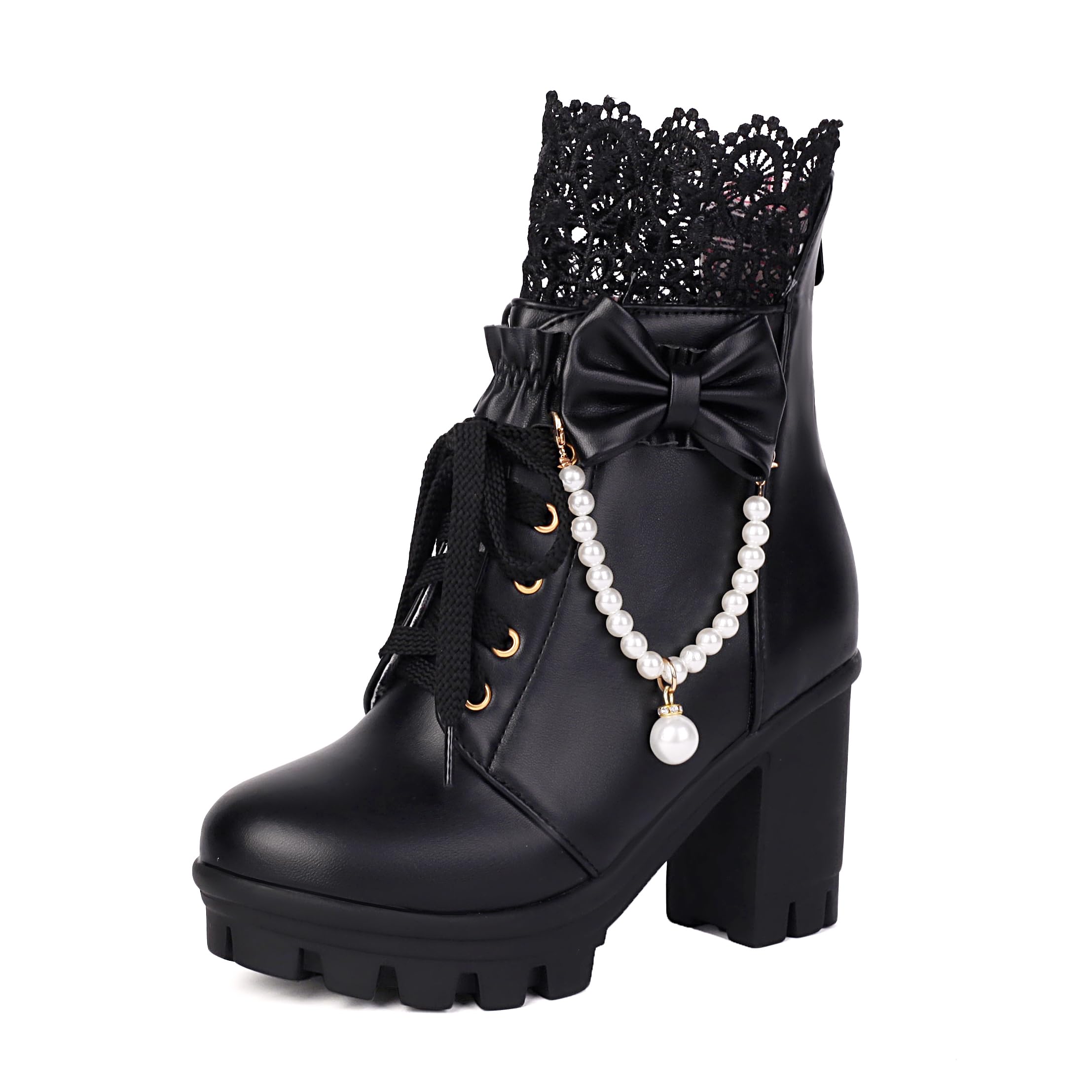 BEAUPAS Womens Platform Ankle Boots with Lace Pearl Chain Bow Chunky High Heel Goth Combat Boots