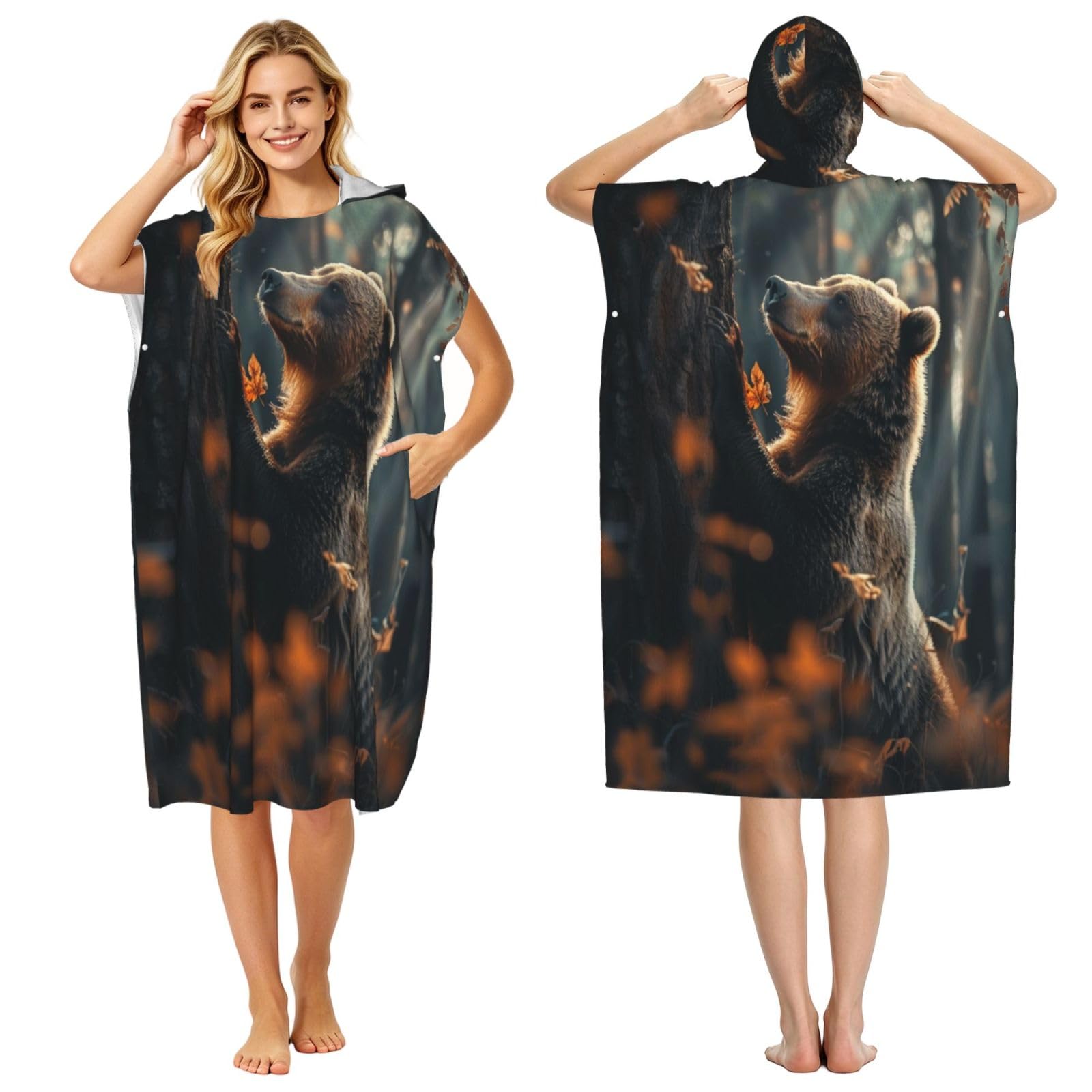 DTHKJNLSF The Brown Bear By The Tree Adult Hooded Beach Poncho Towel
