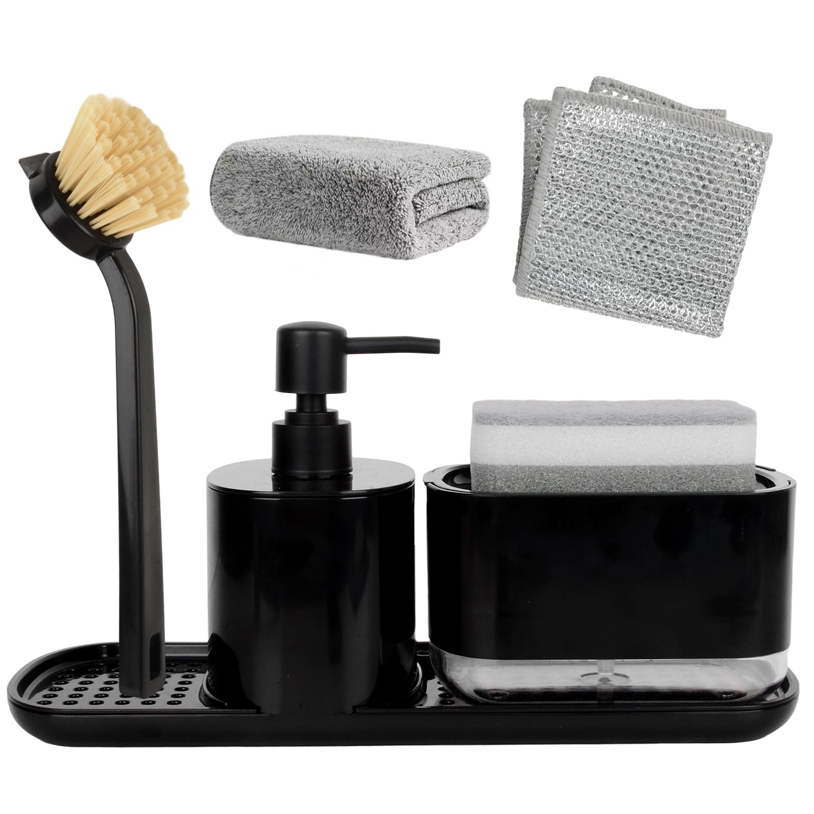Dosificador Jabon Cocina, Juego de Organizador de Cocina Negro con Trapo, Cepillos y Esponja, Organizador de Fregadero Detergente Recargable, Caja de Almacenamiento de Fregadero de Jabón Líquido