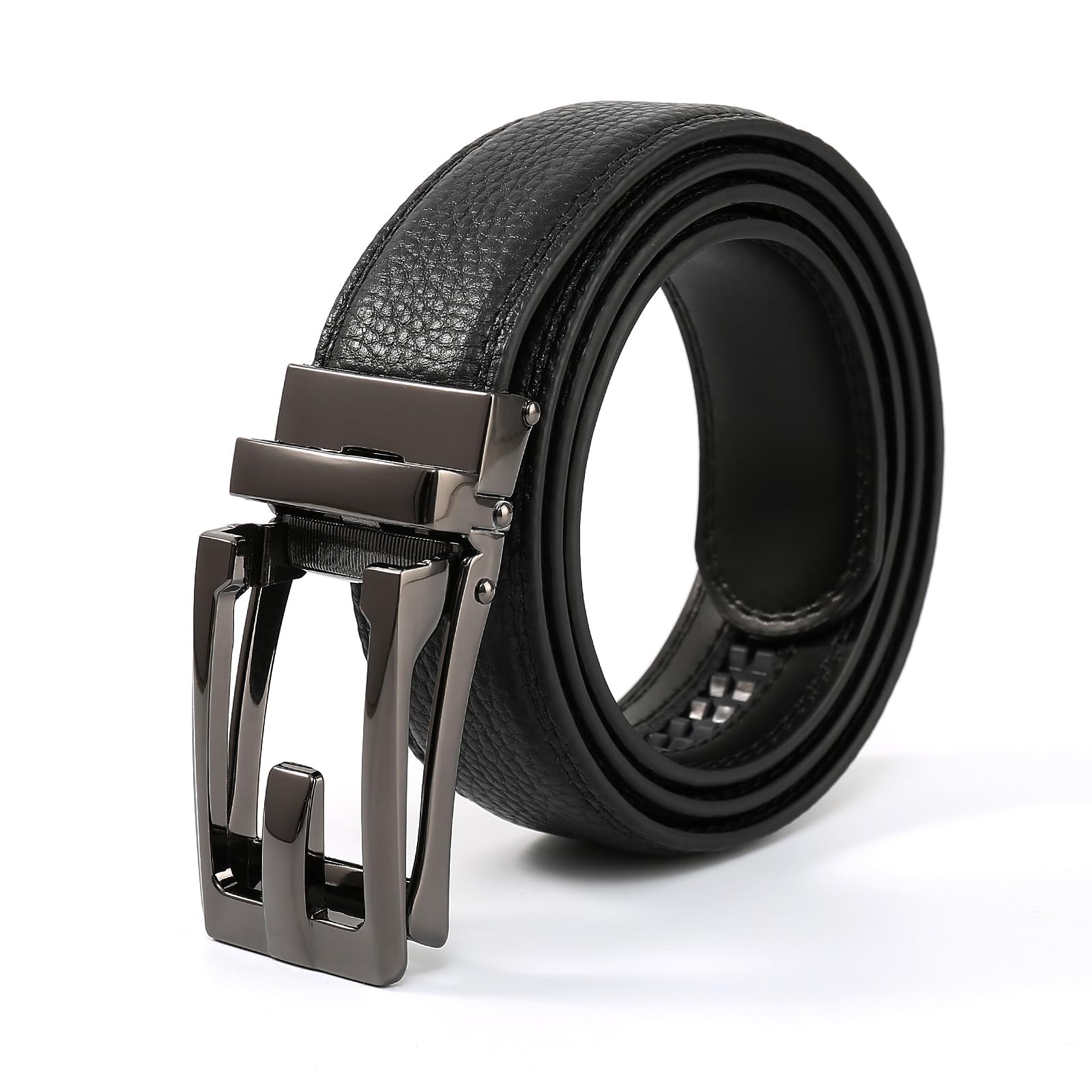 [AHHEEK] ベルト メンズ 紳士ベルト オートロック バックル 無段階調節 本革 ベルト 穴なし ビジネス 紳士 スーツ用 作業用 カジュアル (Black, 全長120cm/ウエスト75cm~105cmに最適)