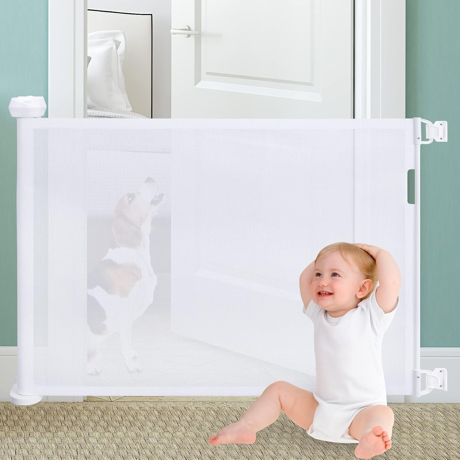 Retractable Baby Gate, Abaook Retractable Dog Gate for Stairs，Extra Wide Mesh Gate Extends to 54" Wide Safety Gate for Kids or Pets , Puppy Gate for Doorways/Stairs/Hallways/Indoor/Outdoor (White)